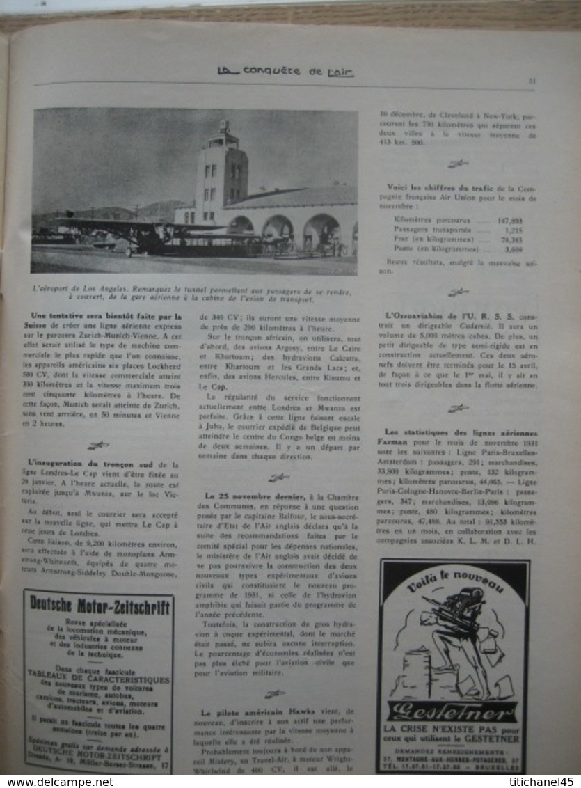 LA CONQUETE DE L'AIR 1932 n°1 -SABENA-CONGO-MINERVA-HISPANO-SUIZA-DONNET 4CV-AVIONS BELGES A HAREN - JUNKERS JU. 49