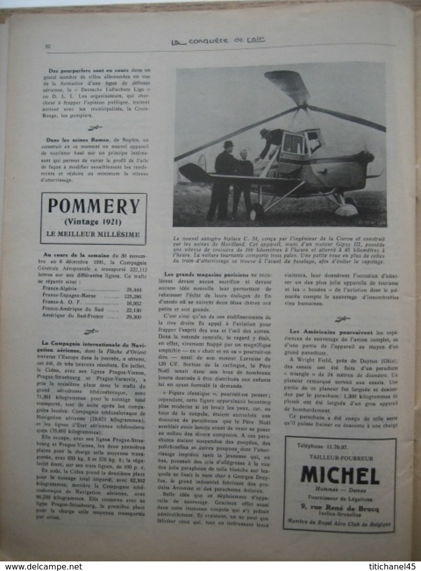 LA CONQUETE DE L'AIR 1932 n°1 -SABENA-CONGO-MINERVA-HISPANO-SUIZA-DONNET 4CV-AVIONS BELGES A HAREN - JUNKERS JU. 49