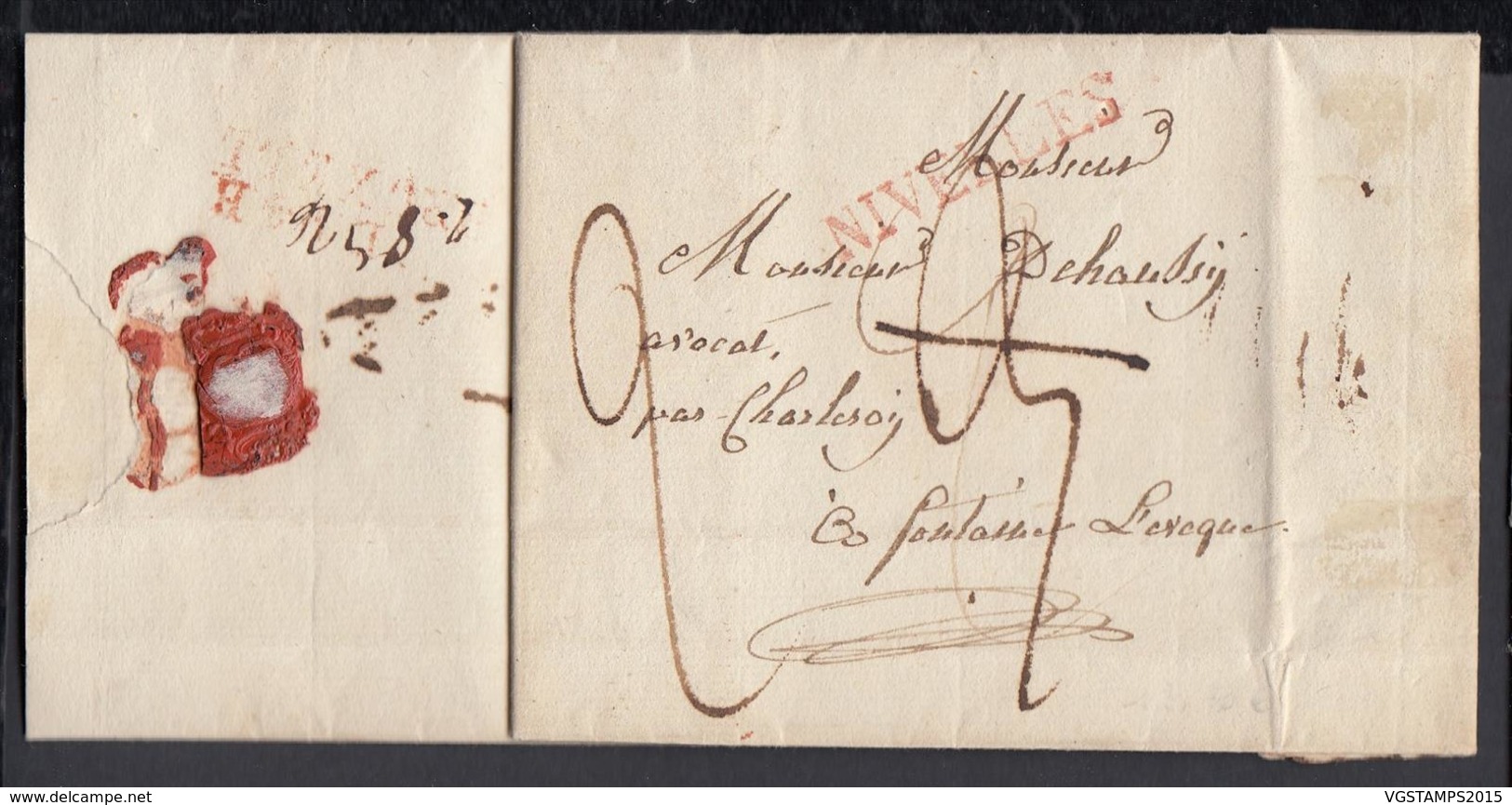 BELGIQUE LETTRE DE NIVELLES 01/08/1826 GRIFFE "NIVELLES" (35.5X5.5) VERSO DEBOURSE "D 94 D /BRUXELLES"  (DD) DC-4454 - 1815-1830 (Periodo Holandes)