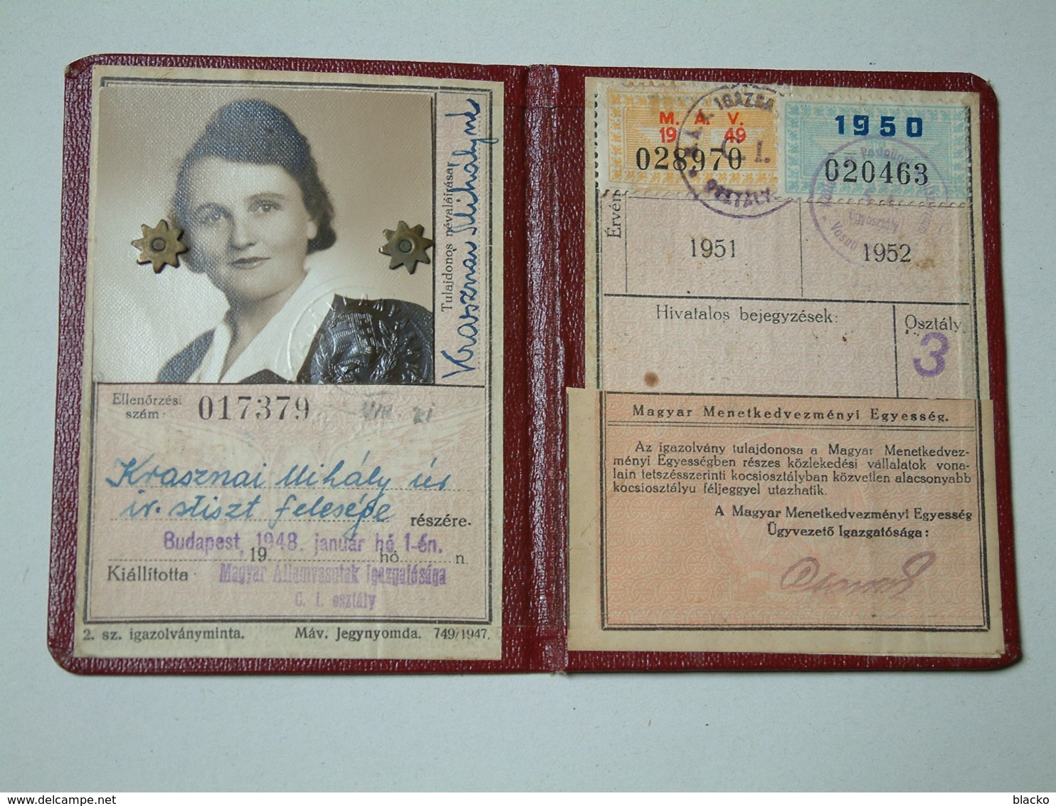 Hungarian Railway - 1948 Railway Identity Card Kmné Db02 - Toegangskaarten