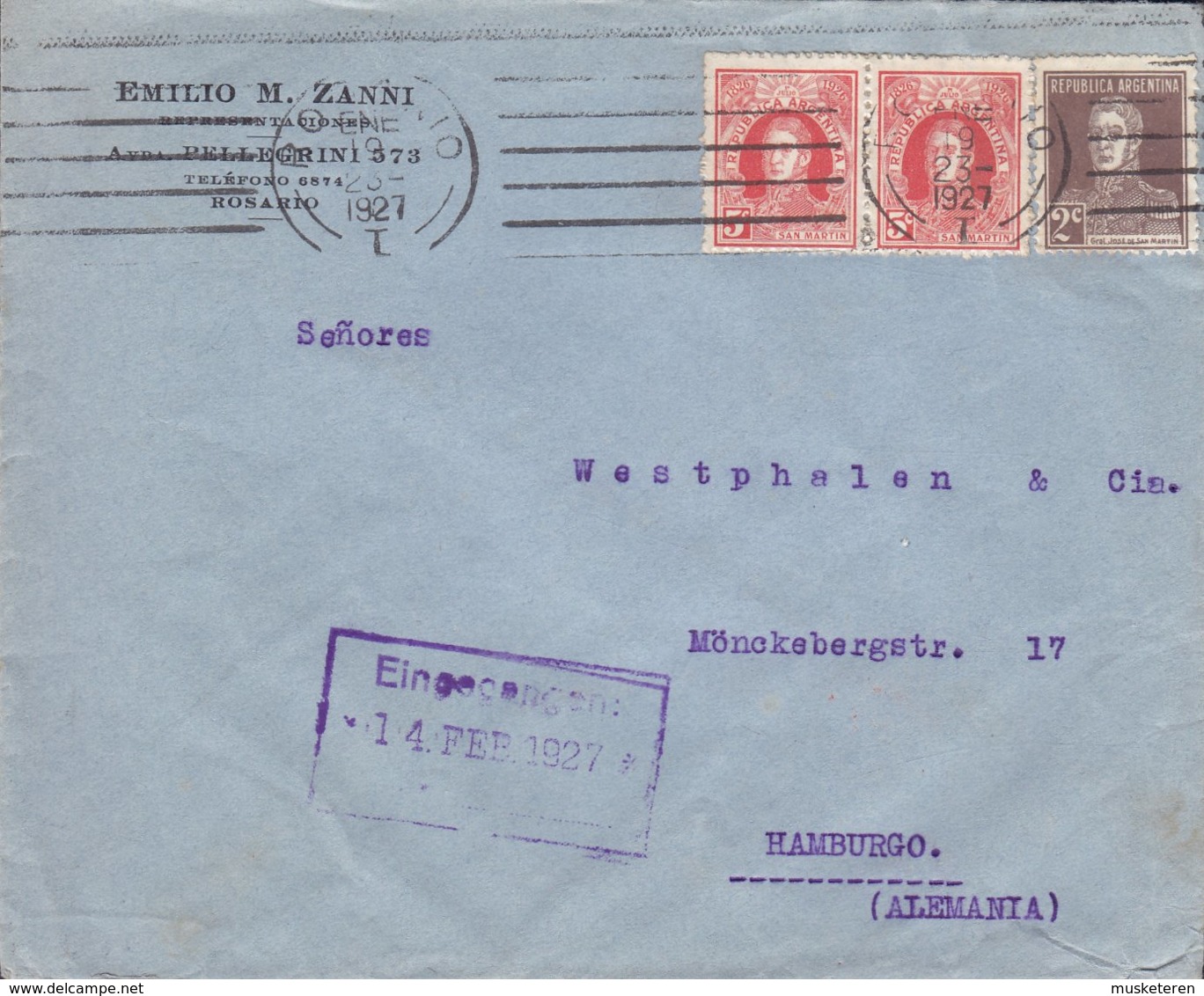 Argentina EMILIO M. ZANNI Representaciones, TMS Cds. ROSARIO 1927 Cover Letra HAMBURG Alemania Germany - Briefe U. Dokumente