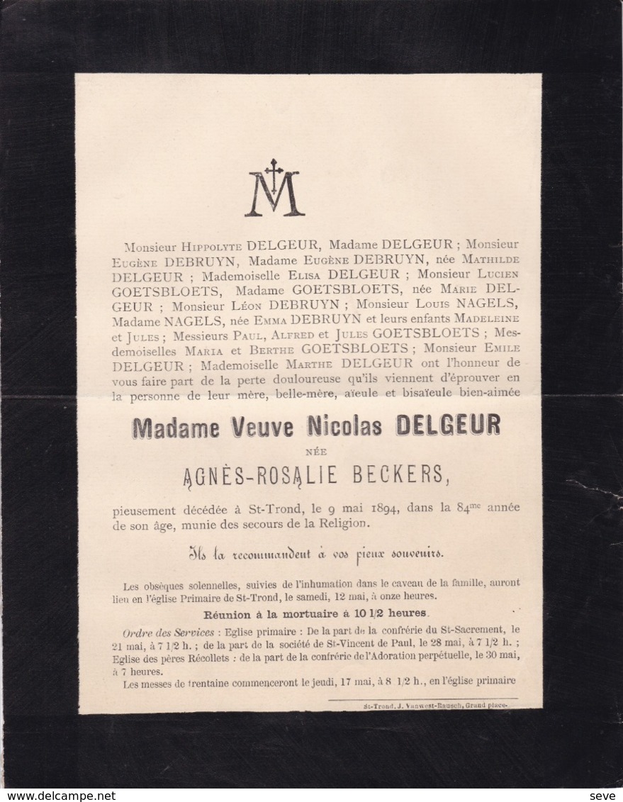 SAINT-TROND SINT-TRUIDEN Agnès BECKERS Veuve Nicolas DELGEUR 84 Ans 1894 Famille GOETSBLOETS NAGEL - Obituary Notices