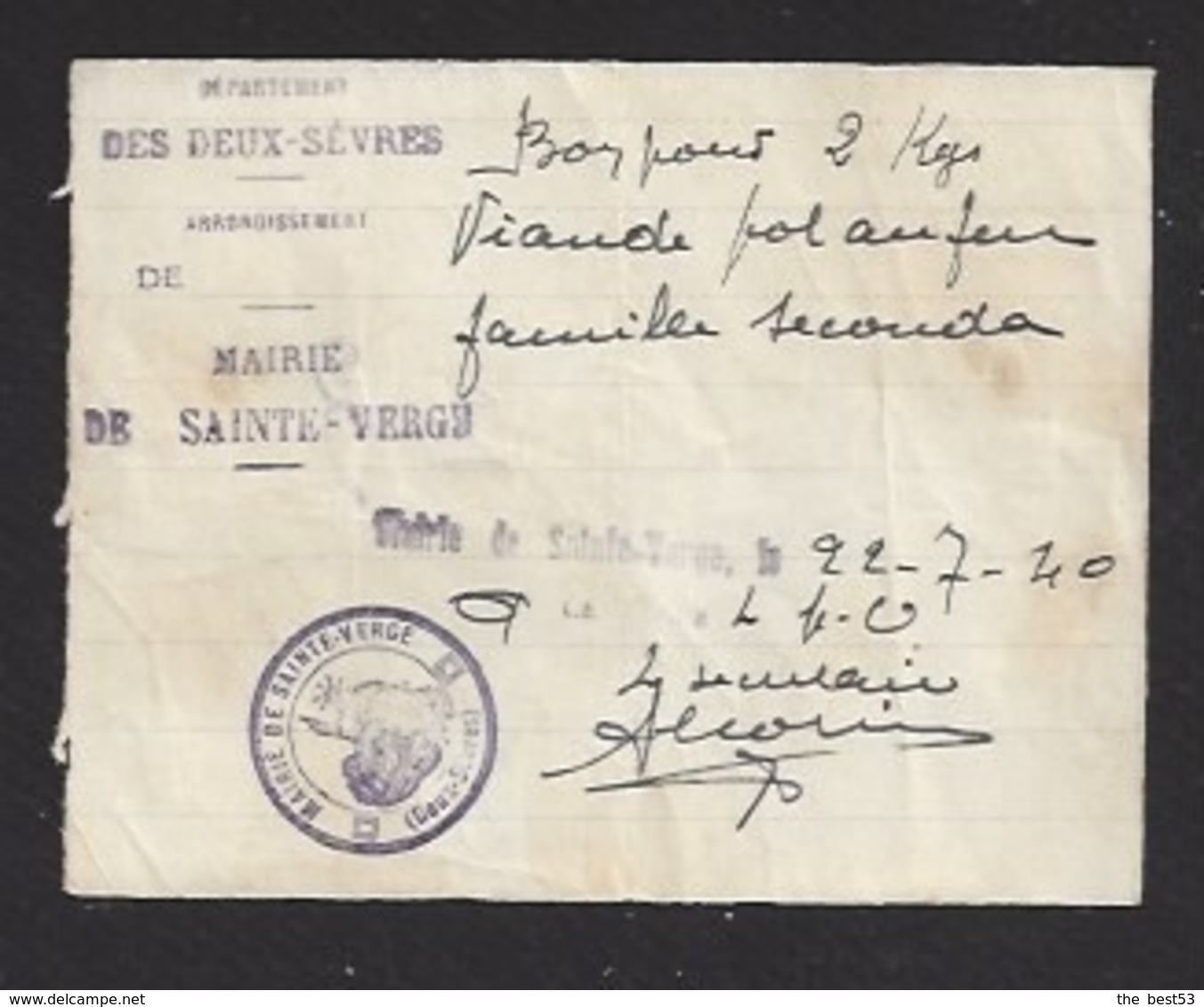 Bon Pour 2 Kg De Viande   -   Saint Serge (79)  -   Le 22/07/40  -  Famille Secouda - Bonds & Basic Needs