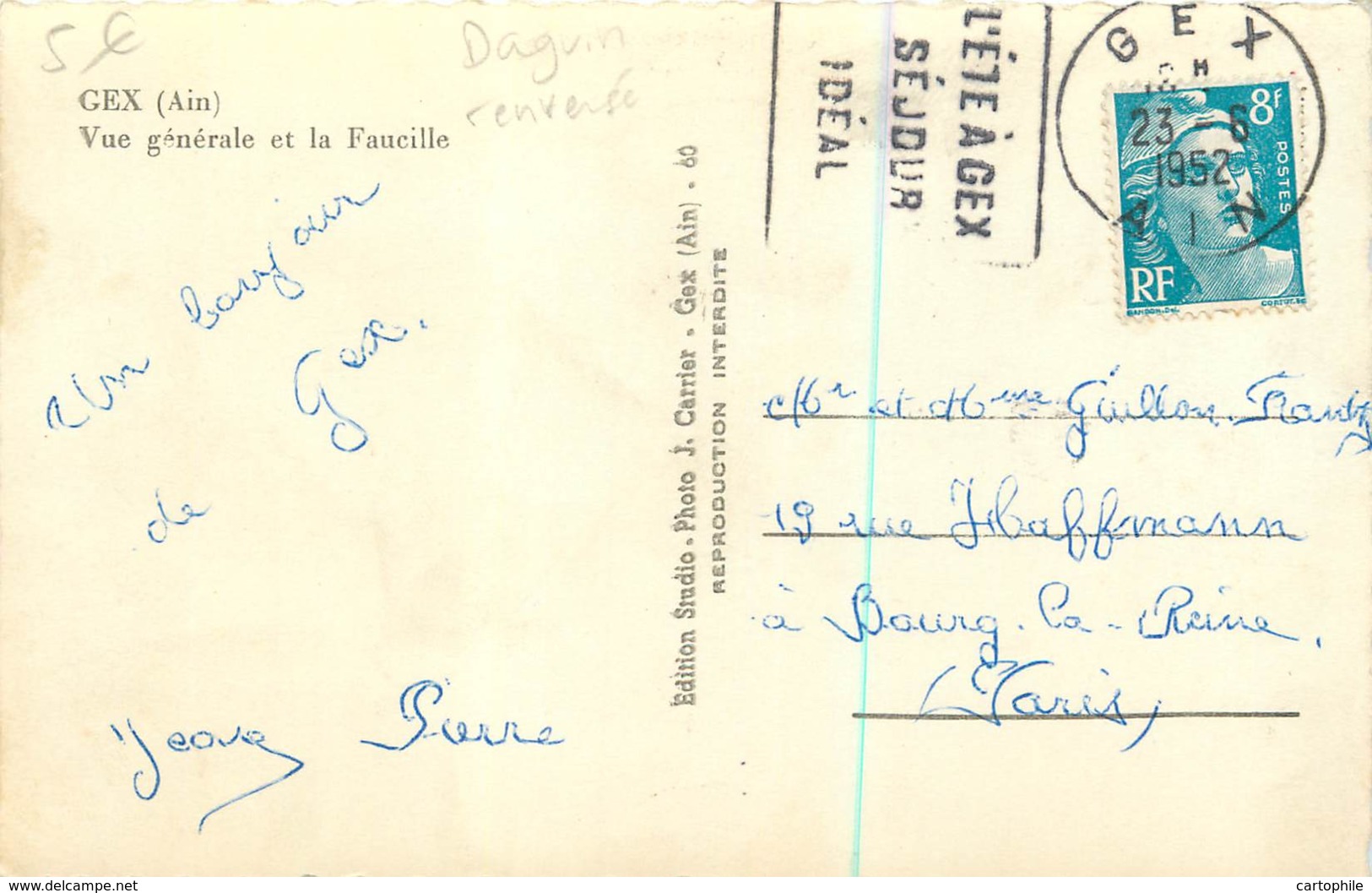 Cachet Daguin Renversé GEX (01) Sur Carte Postale 1952 - Oblitérations Mécaniques (flammes)