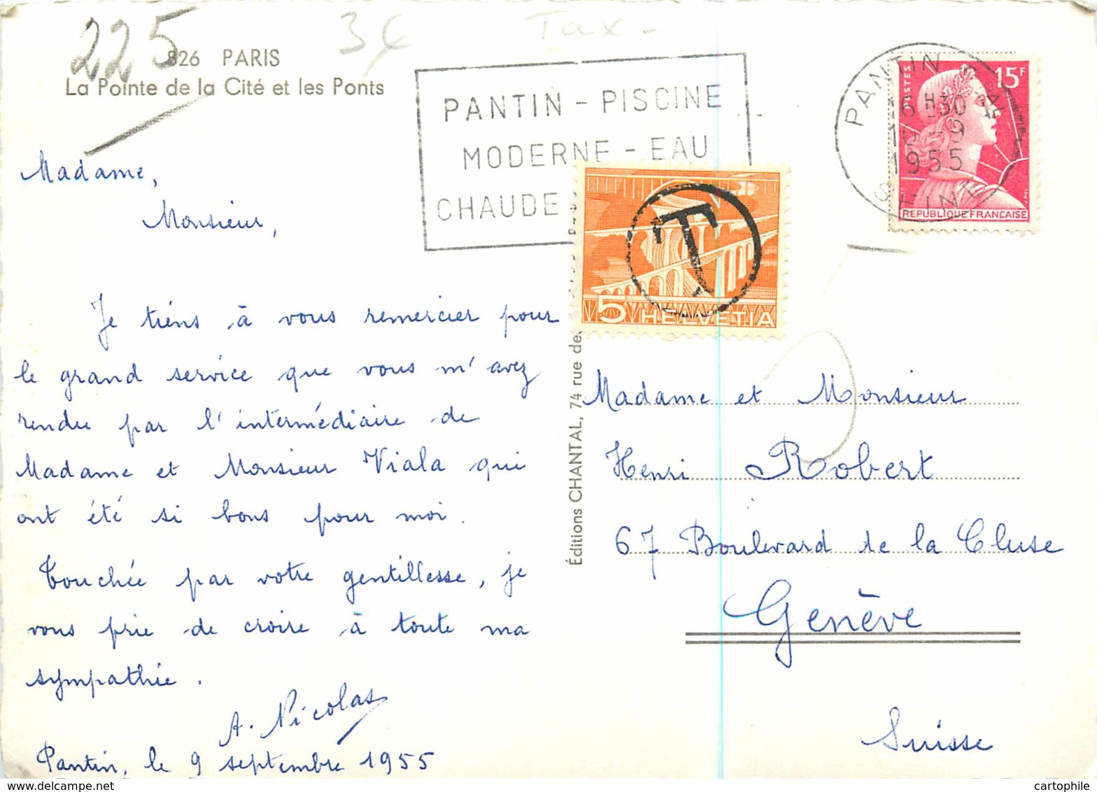 Timbre Taxe Suisse Sur Cp Paris 1955 - 1859-1959 Lettres & Documents