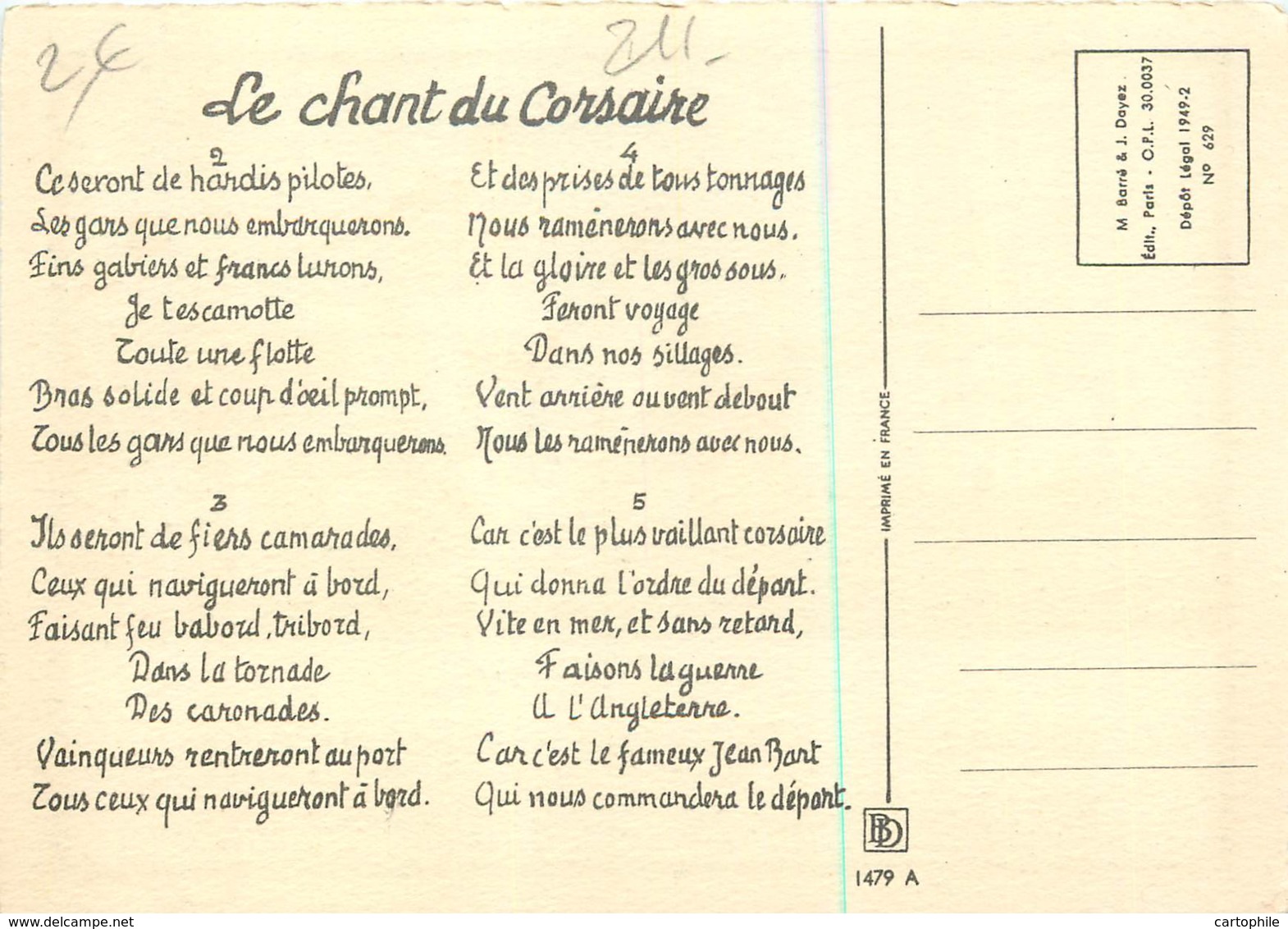 Illustrateur - Barre Et Dayez - Chant Des Corsaires - Other & Unclassified