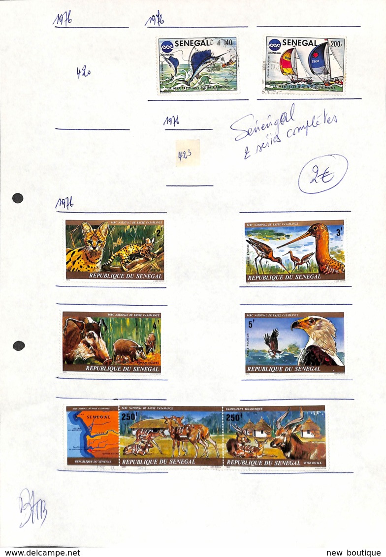 NB - [702695]B/TB//O/Used-Sénégal 1976 - Petit Lot Sur Feuille, 2 Séries Complètes, Animaux, Bateau - Senegal (1960-...)