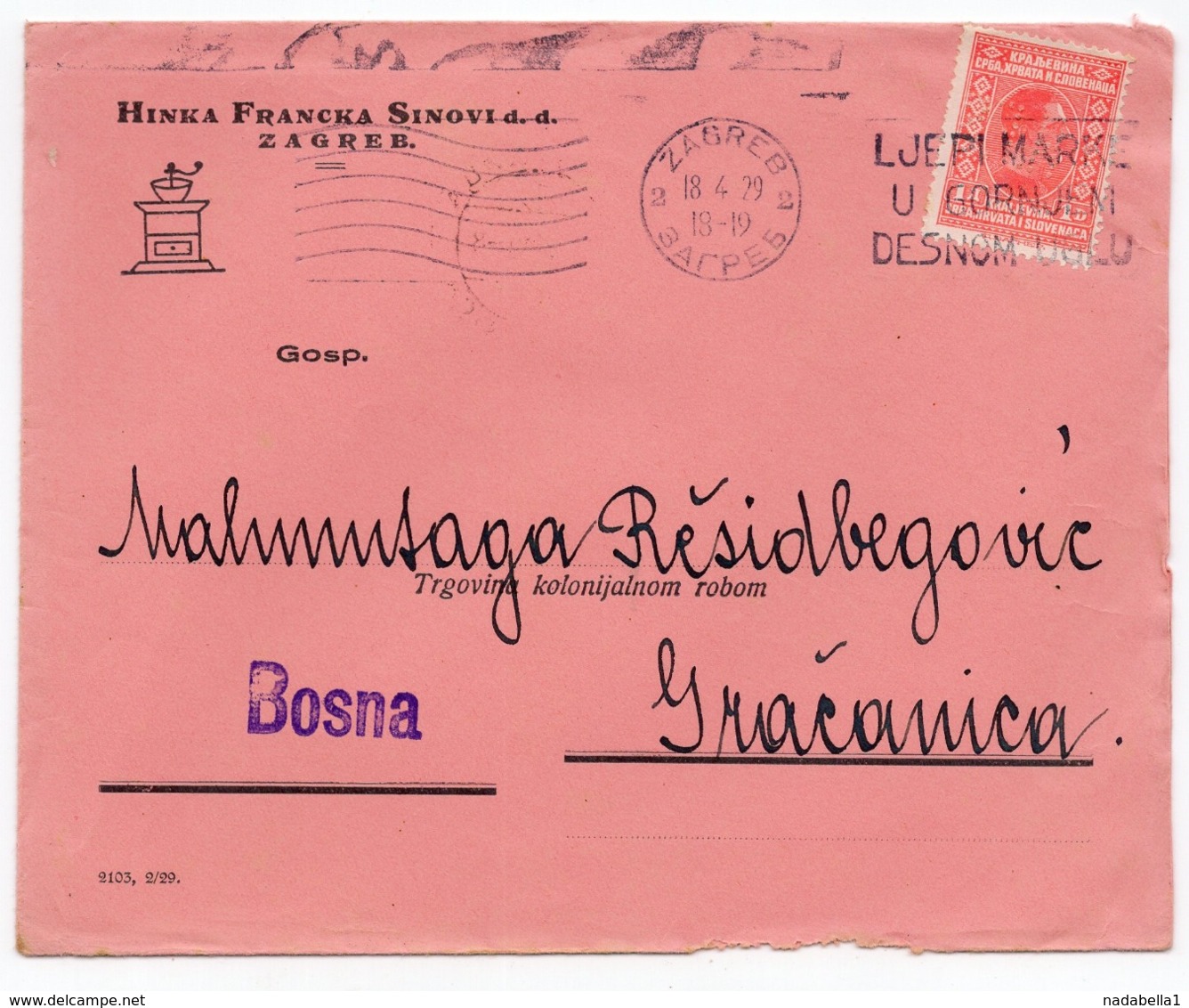 1929 YUGOSLAVIA, CROATIA, ZAGREB TO GRACANICA, HINKA FRANCKA HEADCOVER - Lettres & Documents
