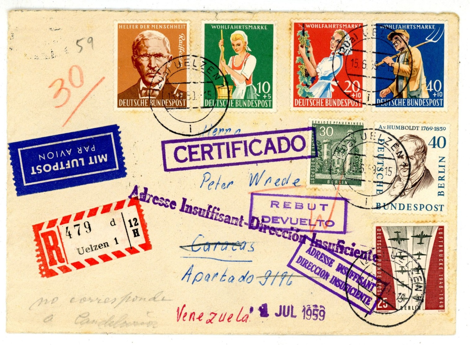 Nr. 297 - 300 MIF 1959 Aus UELZEN Nach Caracas/Venezuela Und Retour - Cartas & Documentos