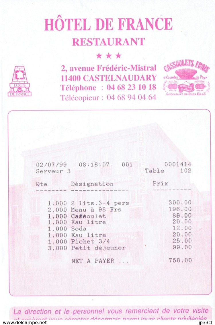 Ancienne Facture De L'Hôtel De France Restaurant, Avenue Frédéric Mistral, Castelnaudary (2/7/1999) - Sports & Tourisme