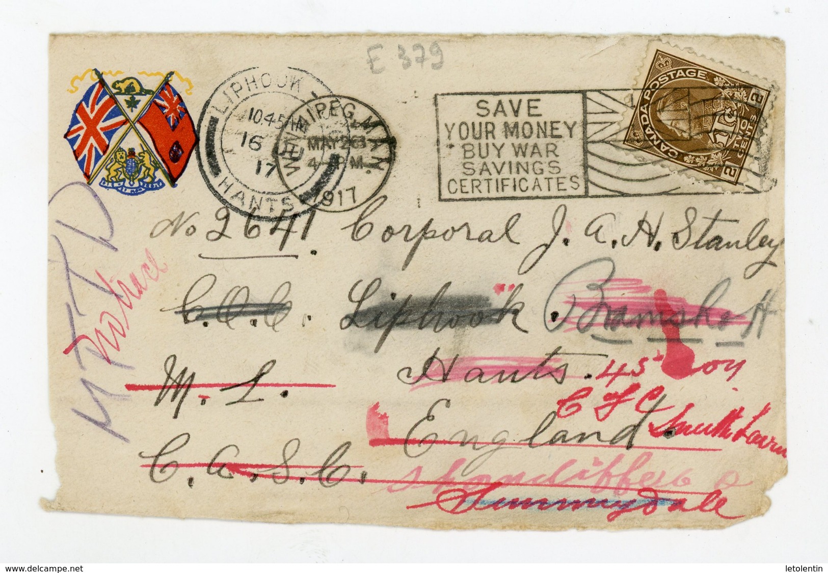 CANADA: N° Yt 106 SUR DEVANT DE LETTRE Obli. FLAMME "WINNIPEG 1917" & CàD DE "LIPHOOK" POUR L'ANGLETERRE (POUR MILITAIRE - Storia Postale