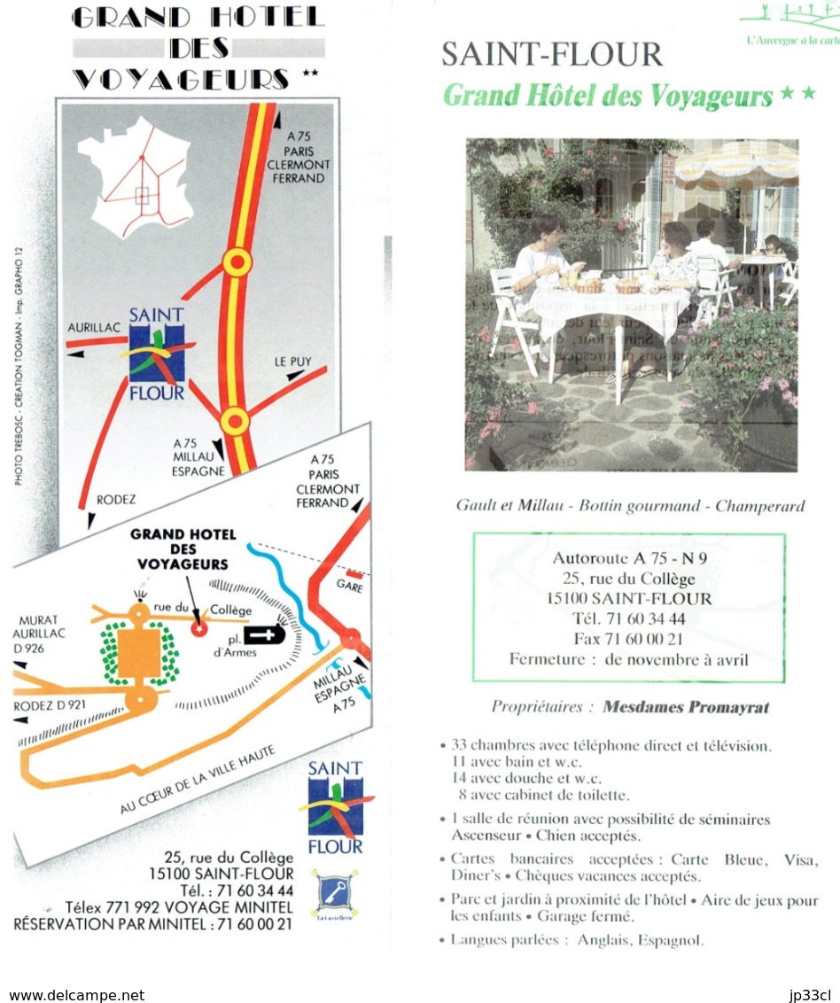 2 Dépliants Sur Le Grand Hôtel Des Voyageurs, Rue Du Collège, Saint-Flour (vers 1995) - Tourism Brochures