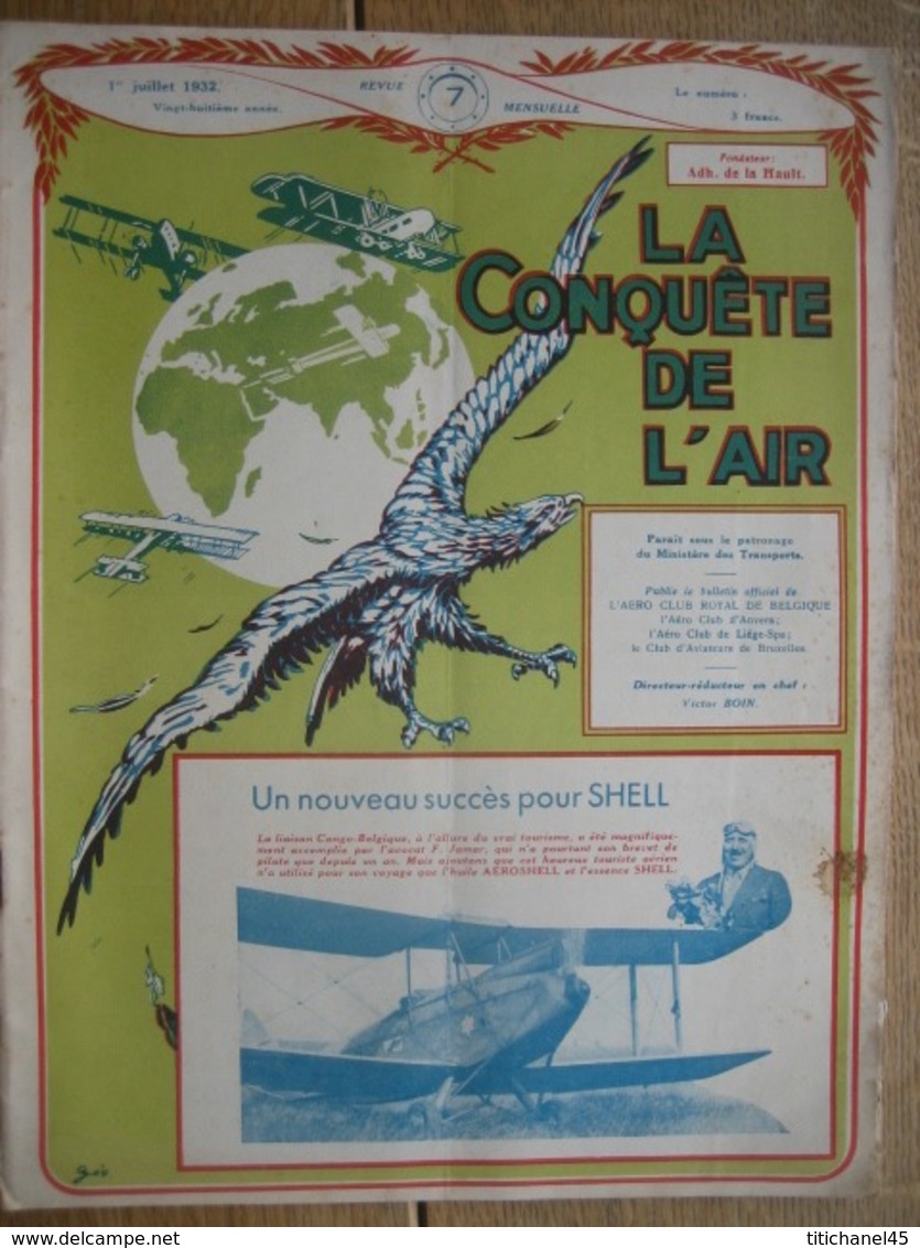 LA CONQUETE DE L'AIR 1932 N°7-ELISABETHVILLE-BRUXELLES : F. JAMAR-RALLYE D'ARDENNE- DO.X-JUNKERS G. 38 -FOKKER F. 32 - AeroAirplanes