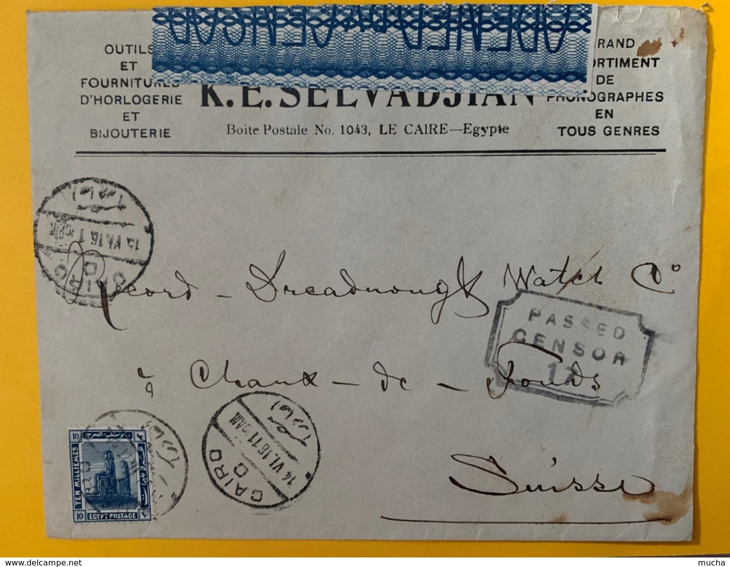 9136 - Enveloppe K.E.Selvadjian Le Caire 14.06.1906 Pour La Chaux-de-Fonds Cacahet Censure - Clocks