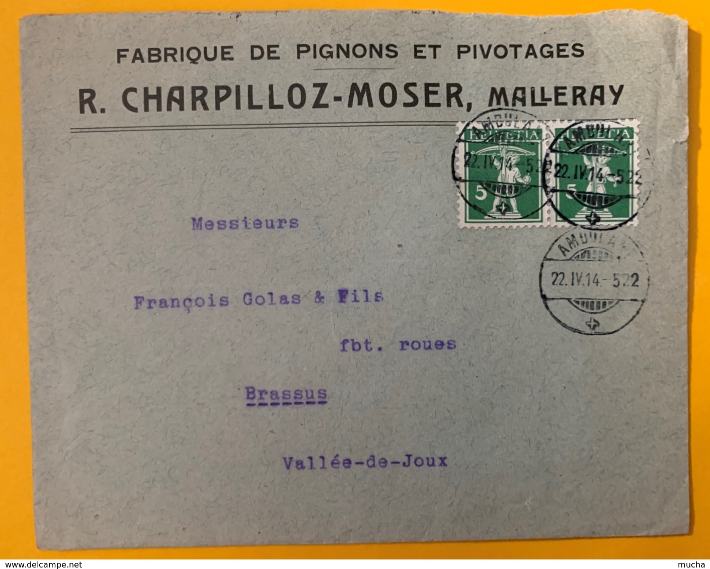9143 - Lettre Fabrique De Pignons Et Pivotages R.Charpilloz-Moser Malleray Ambulant 522 22.04.1914 Avec Contenu - Horlogerie