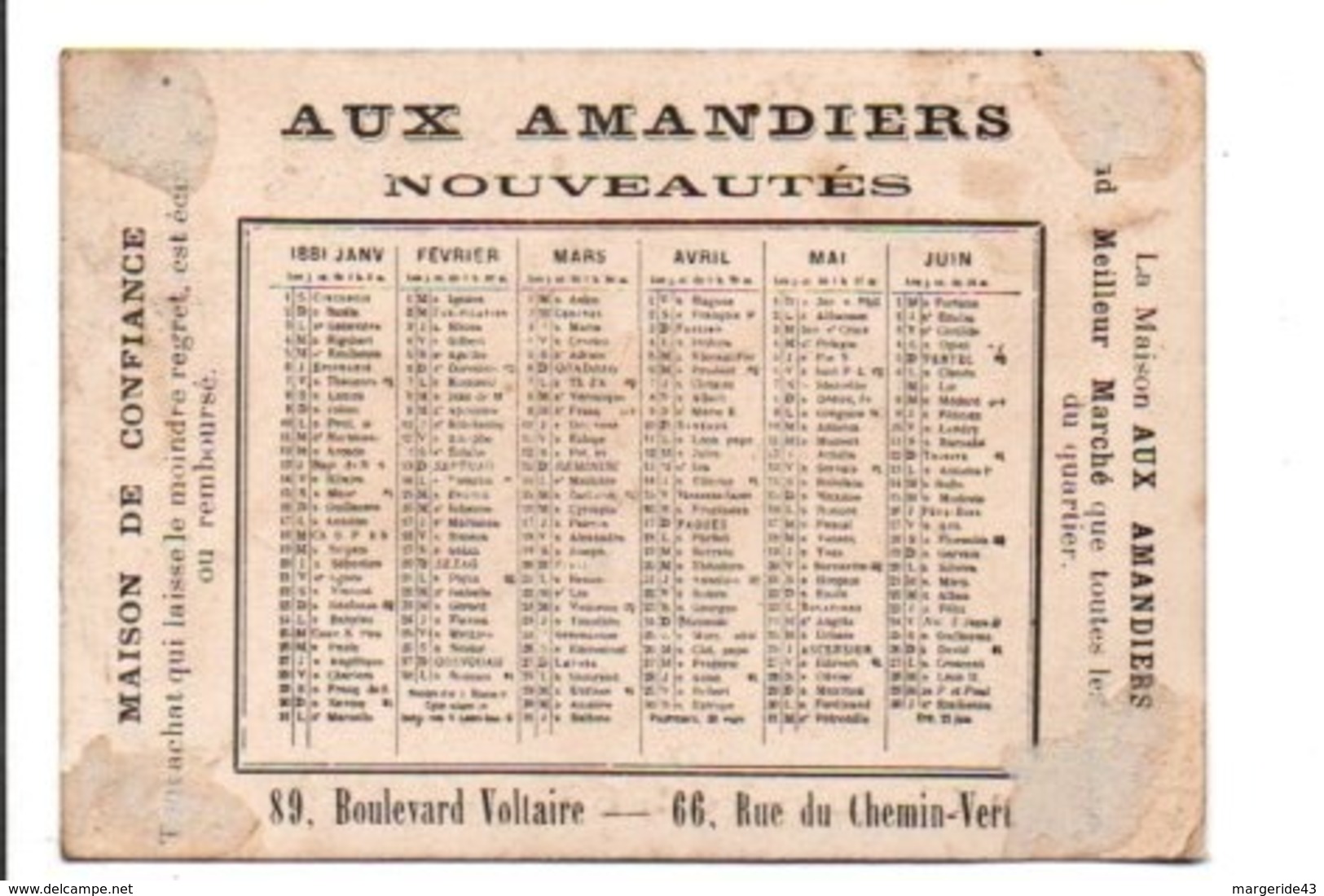 CALENDRIER 1881 AUX AMANDIERS NOUVEAUTES à PARIS - Kleinformat : ...-1900