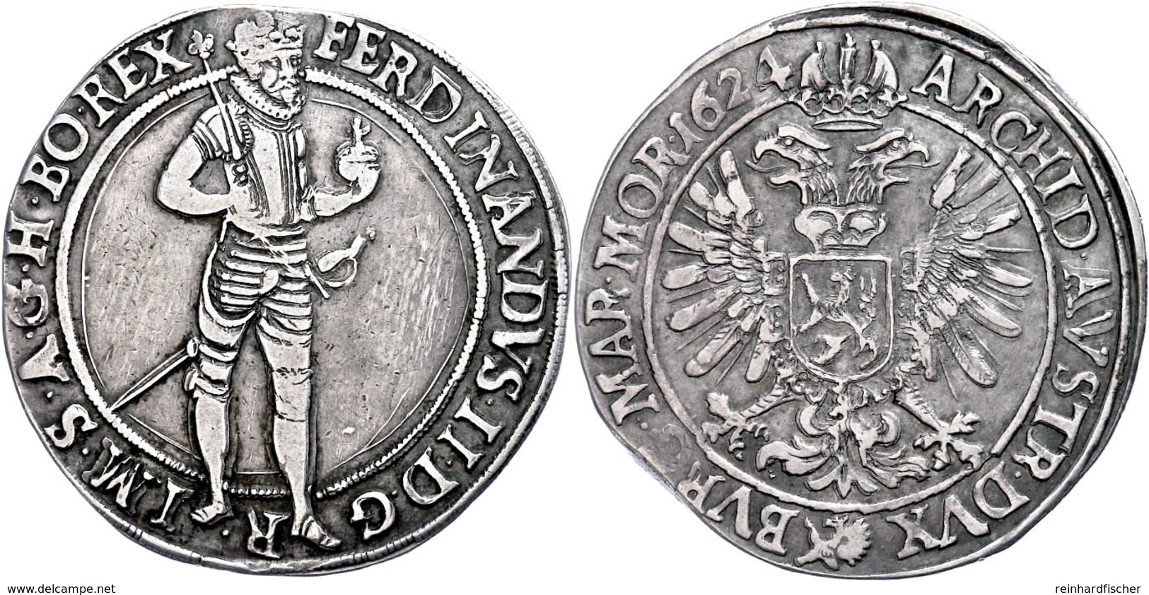 Taler, 1624, Ferdinand II., Prag, Dav. 3136, Felder Teilweise Bearbeitet, Ss.  Ss - Austria