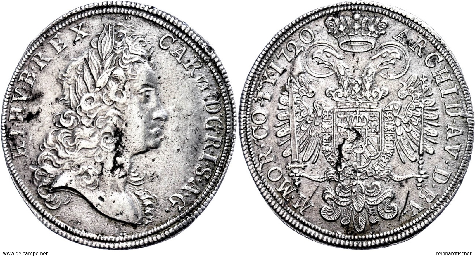 Taler, 1720, Karl VI., Prag, Dav. 1080, Herinek 377, Schrötlingsfehler, Rand Teilweise Leicht Bearbeitet, Ss-vz.  Ss - Oesterreich