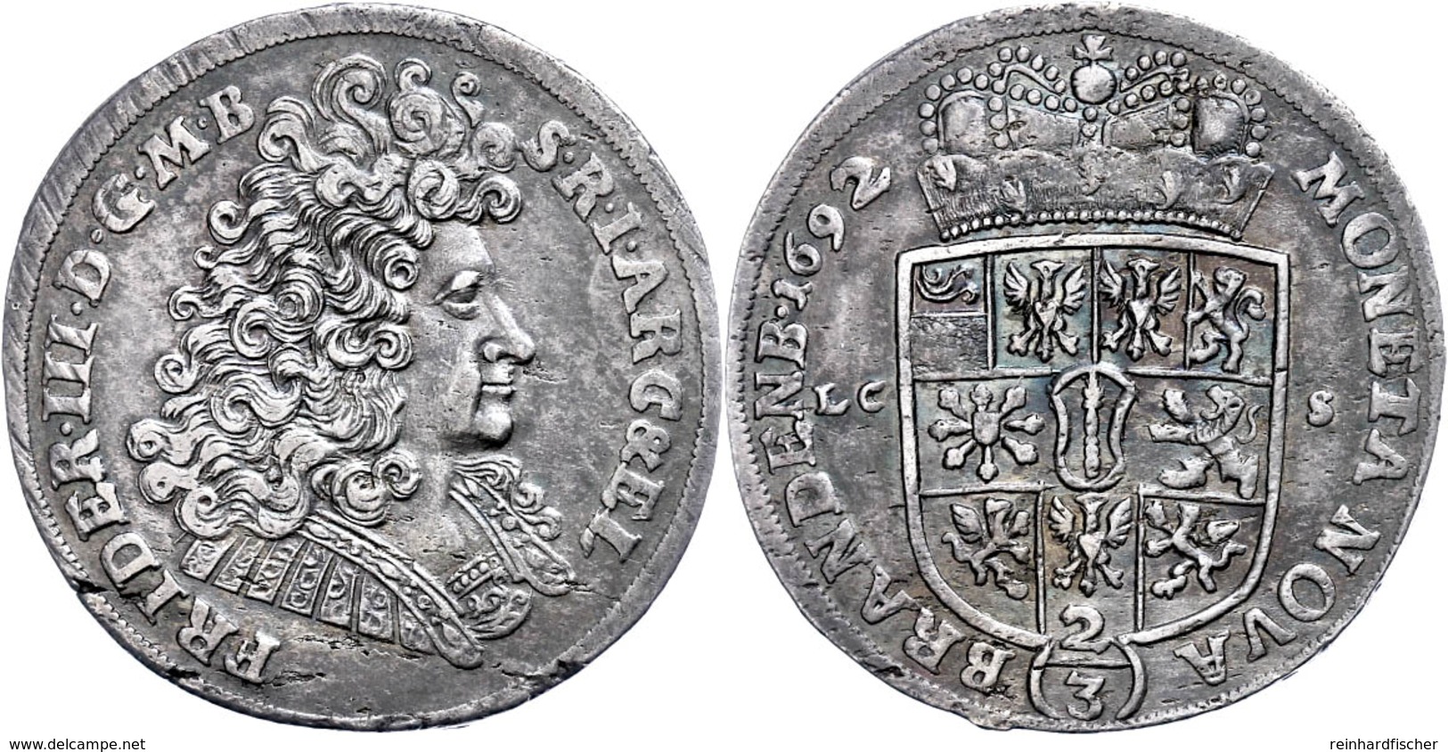 2/3 Taler, 1692, Friedrich III., LCS, Dav. 270, Kl. Schrötlingsfehler, Ss-vz..  Ss-vz - Autres & Non Classés