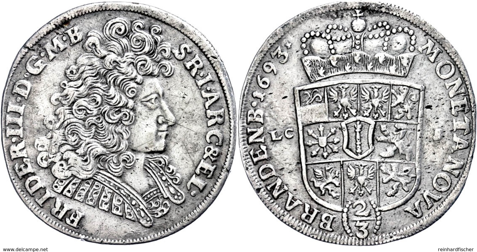 2/3 Taler, 1693, Friedrich III., LCS Berlin, Von Schrötter 119, Kl. Rf., Ss.  Ss - Sonstige & Ohne Zuordnung