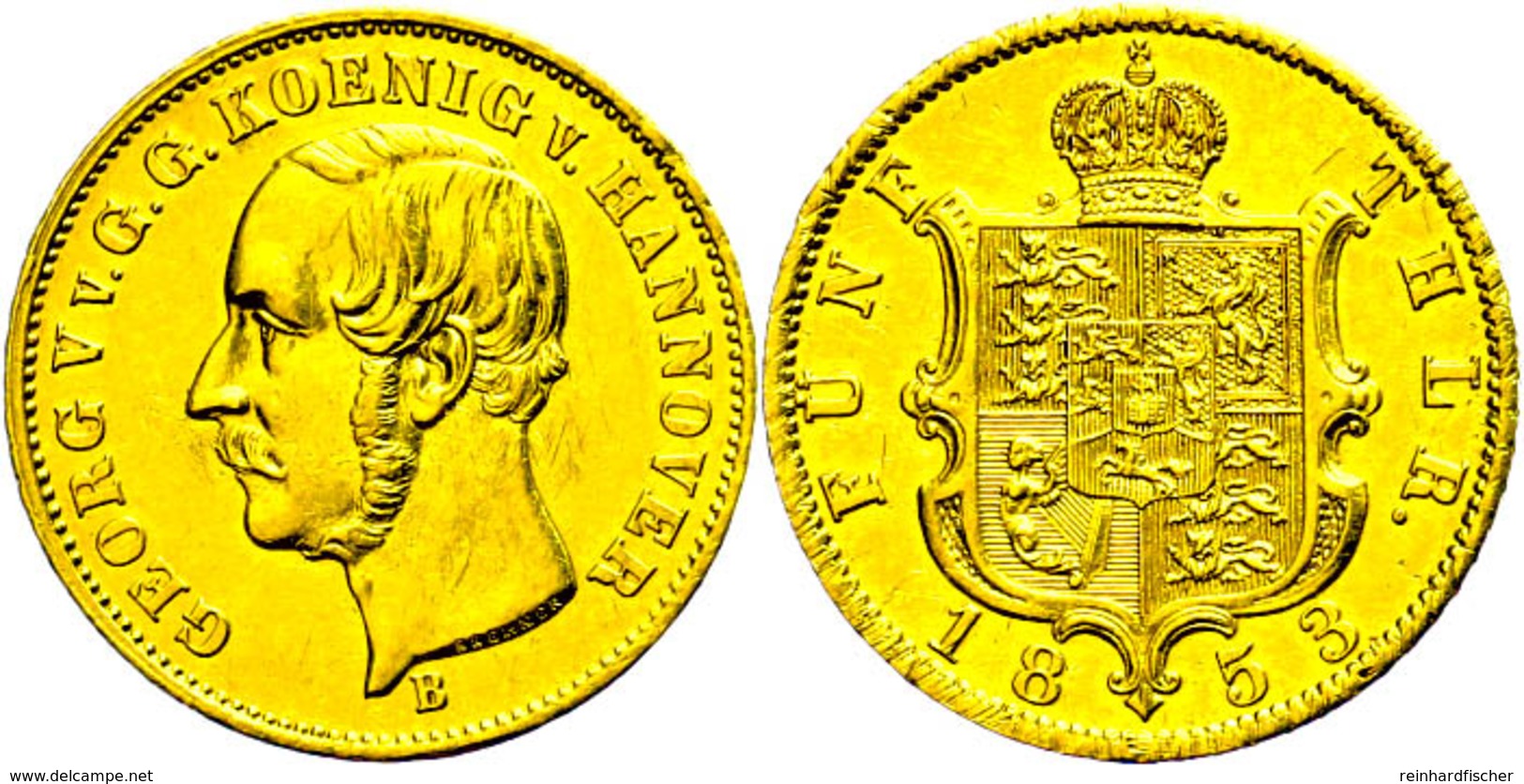 5 Taler, Gold, 1853, Georg V., AKS 137, J. 131, Kl. Kratzer, Ss-vz.  Ss-vz - Autres & Non Classés