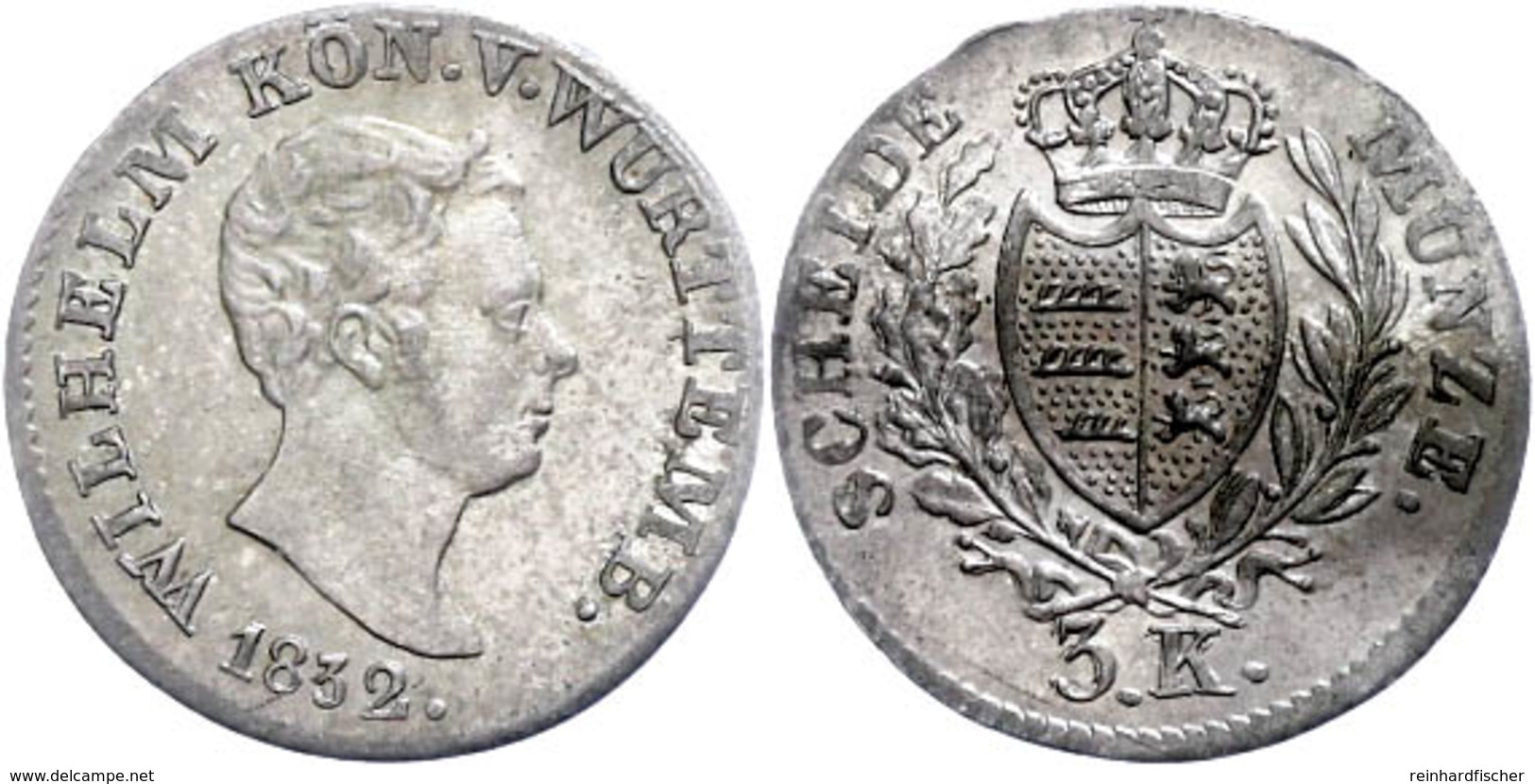 3 Kreuzer, 1832, Wilhelm I., AKS 104, J. 51, Vz-st.  Vz-st - Sonstige & Ohne Zuordnung