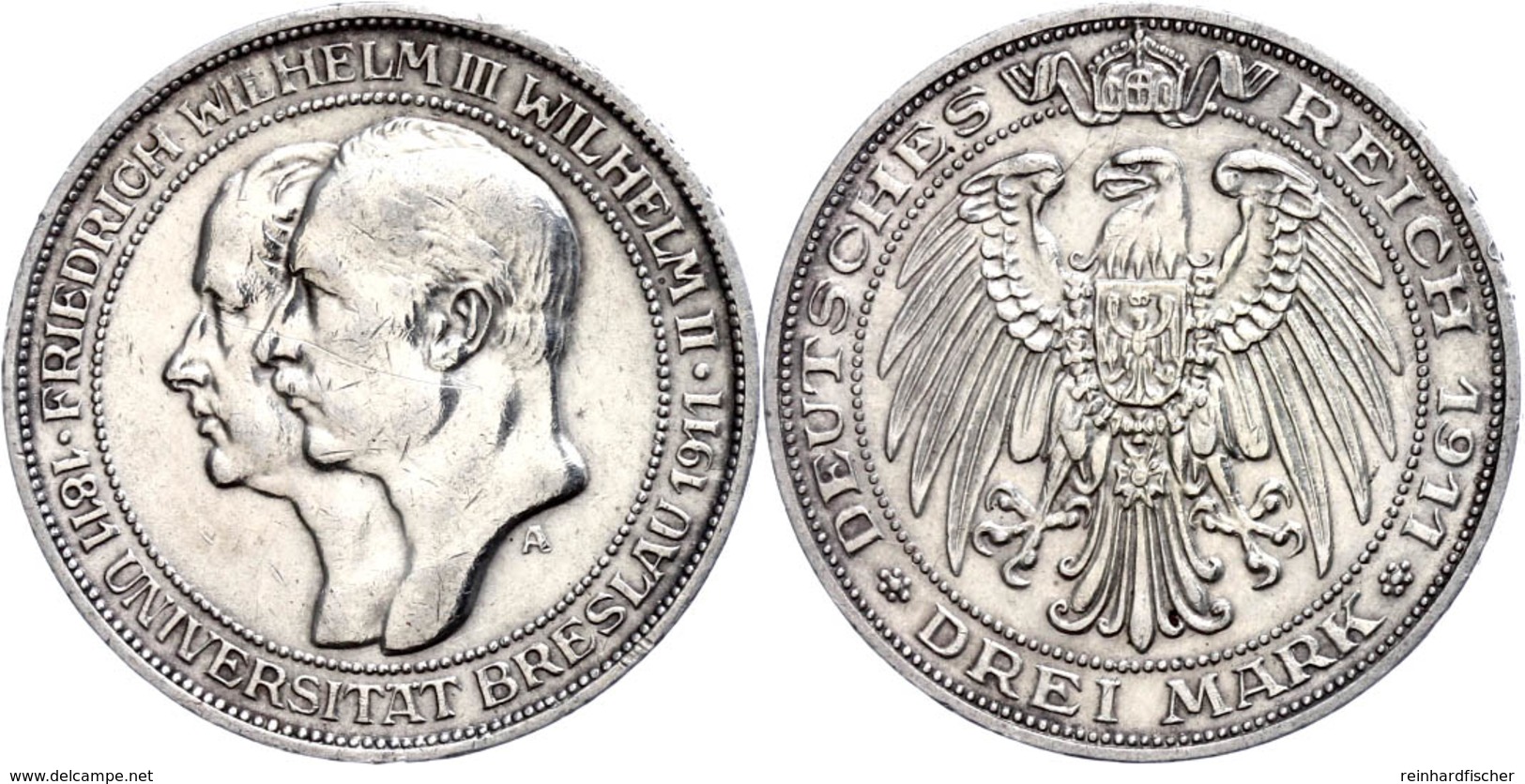 3 Mark, 1911, Universität Breslau, Avers Leicht Berieben, Kl. Rf. Vz-st., Katalog: J.108 Vz-st - Sonstige & Ohne Zuordnung