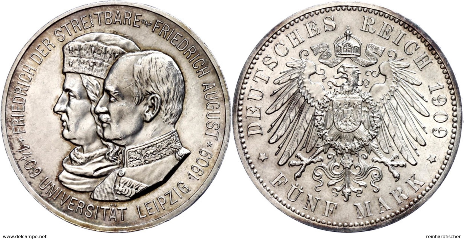 5 Mark, 1909, Friedrich August III., Universität Leipzig, Kl. Rf, Vz-st., Katalog: J.139 Vz-st - Sonstige & Ohne Zuordnung