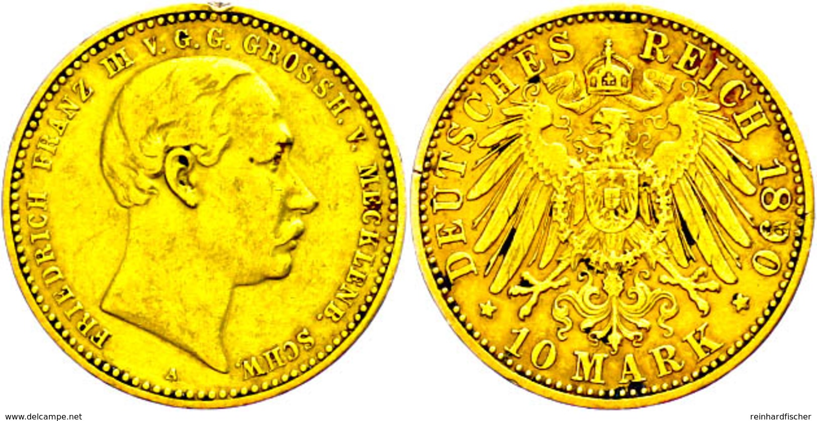 10 Mark, 1890, Friedrich Franz III., Kl. Rf., Bei 12 Uhr, Ss., Katalog: J.232 Ss - Sonstige & Ohne Zuordnung