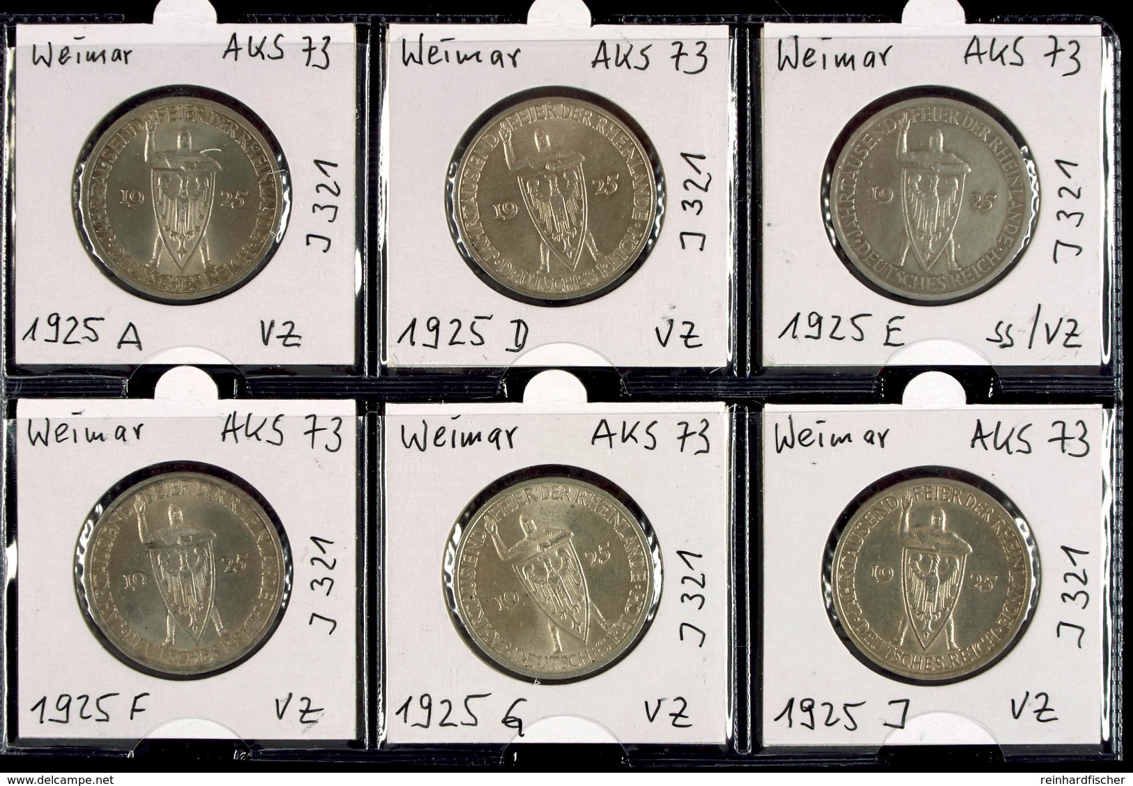 6 X 3 Reichsmark, 1925, Rheinlande, A, D, E, F, G Und J, Erhaltungen Jeweils Um Vz., Katalog: J.321 - Altri & Non Classificati