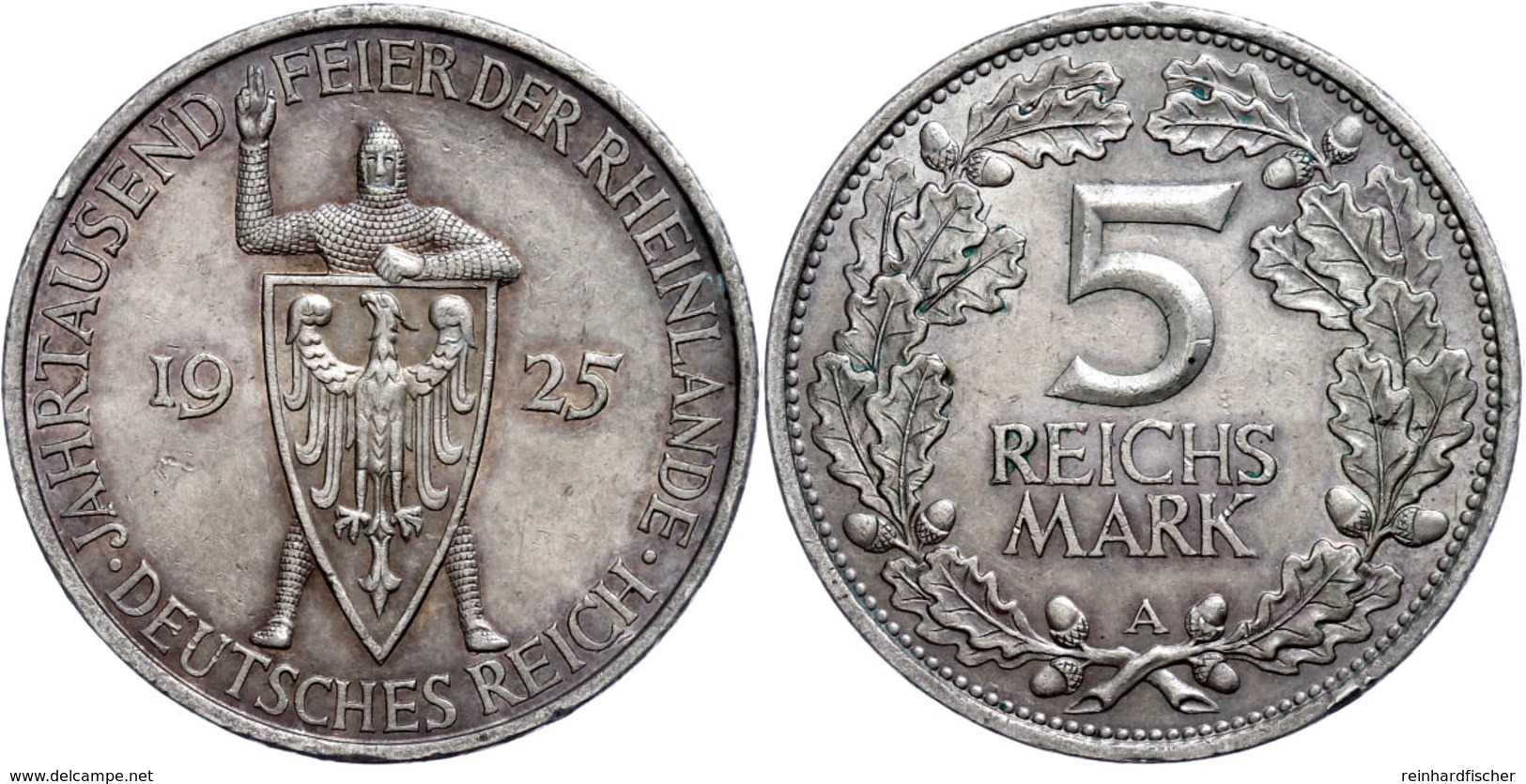 5 Reichsmark, 1925, 1000-Jahrfeier Rheinlande, Mzz A, Kleine Randfehler, Vz., Katalog: J.322 Vz - Altri & Non Classificati