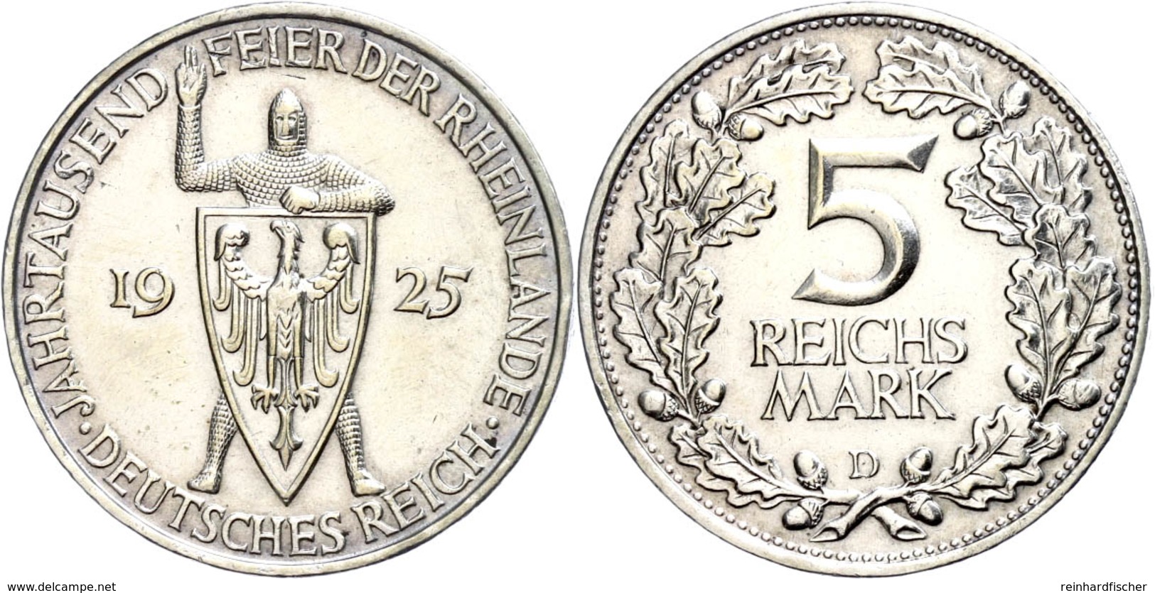 5 Reichsmark, 1925, 1000-Jahrfeier Rheinlande, Mzz D, Kleine Randfehler, Vz-st., Katalog: J.322 Vz-st - Other & Unclassified