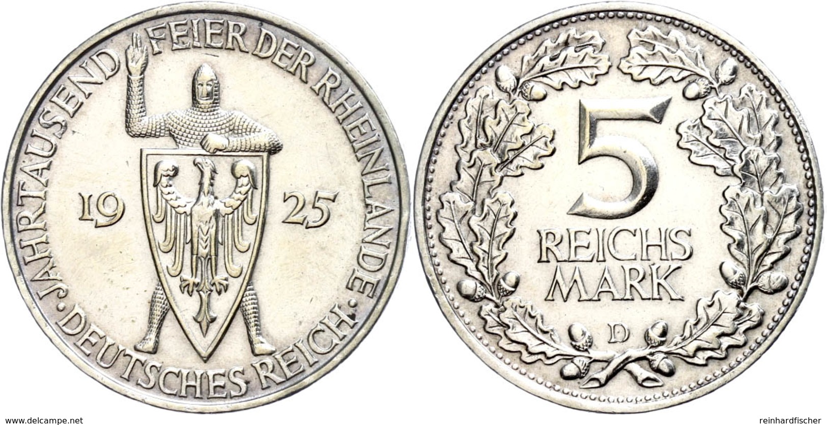 5 Reichsmark, 1925, 1000-Jahrfeier Rheinlande, Mzz D, Kleine Randfehler, Vz-st., Katalog: J.322 Vz-st - Sonstige & Ohne Zuordnung