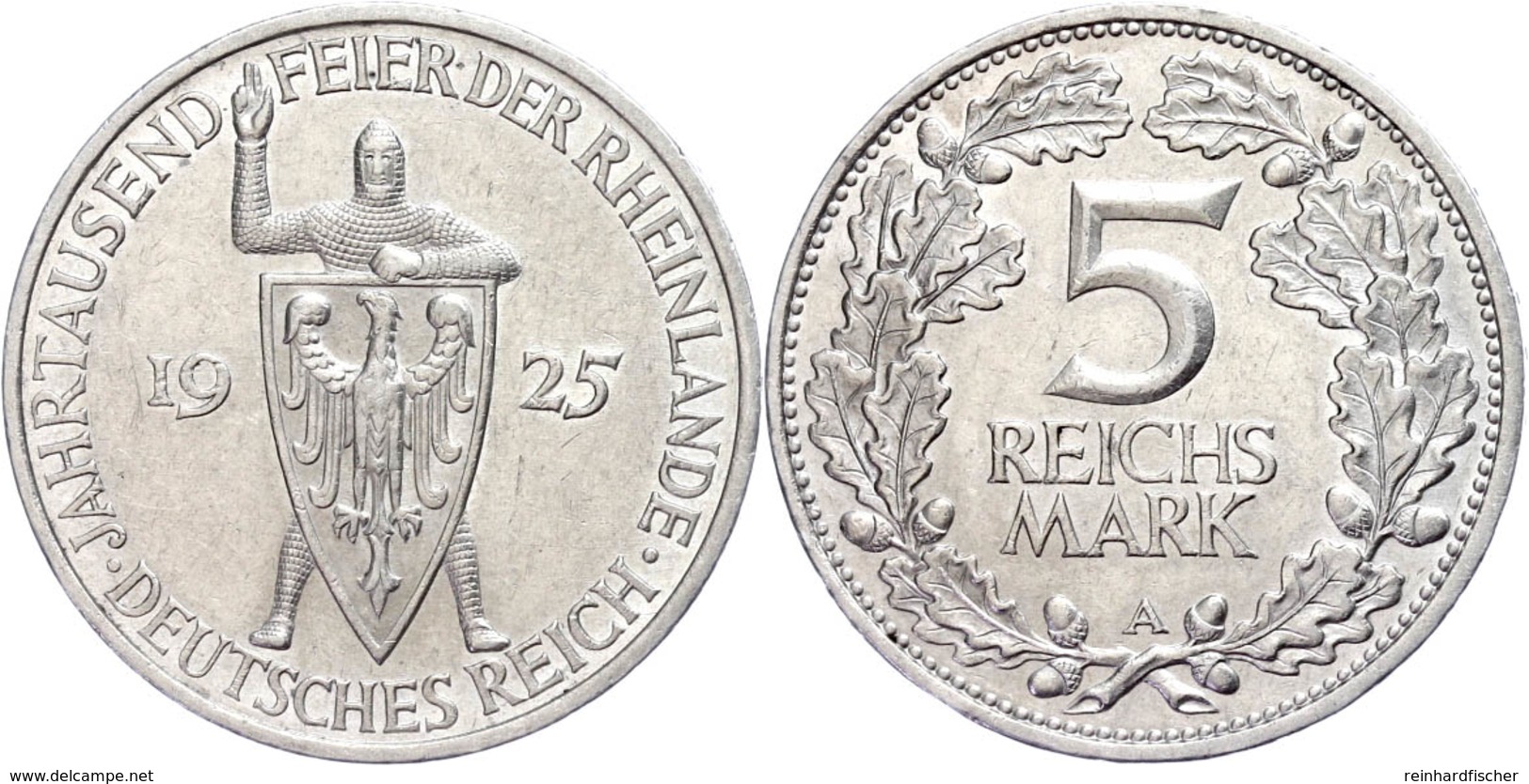 5 Reichsmark, 1925, A, Rheinlande, Kl. Kr. Und Rf., Vz., Katalog: J.322 Vz - Autres & Non Classés