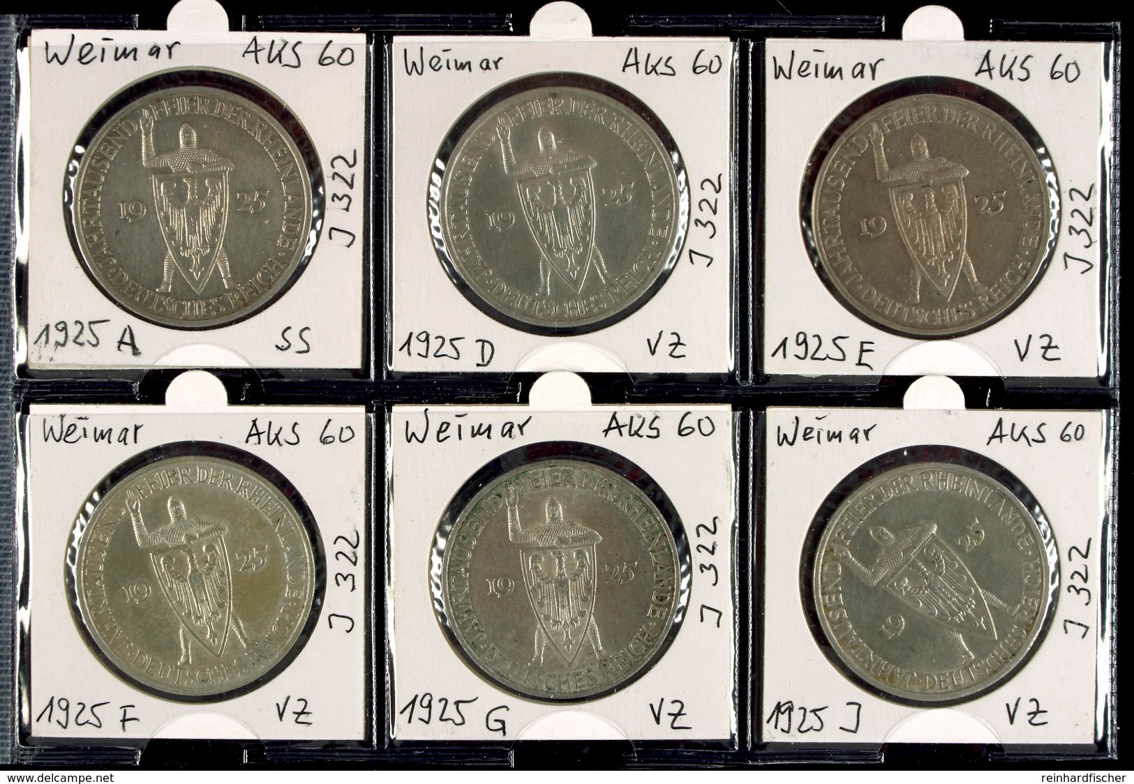 6 X 5 Reichsmark, 1925, Rheinlande, A, D, E, F, G Und J, Erhaltungen Jeweils Um Vz., Katalog: J.322 - Altri & Non Classificati