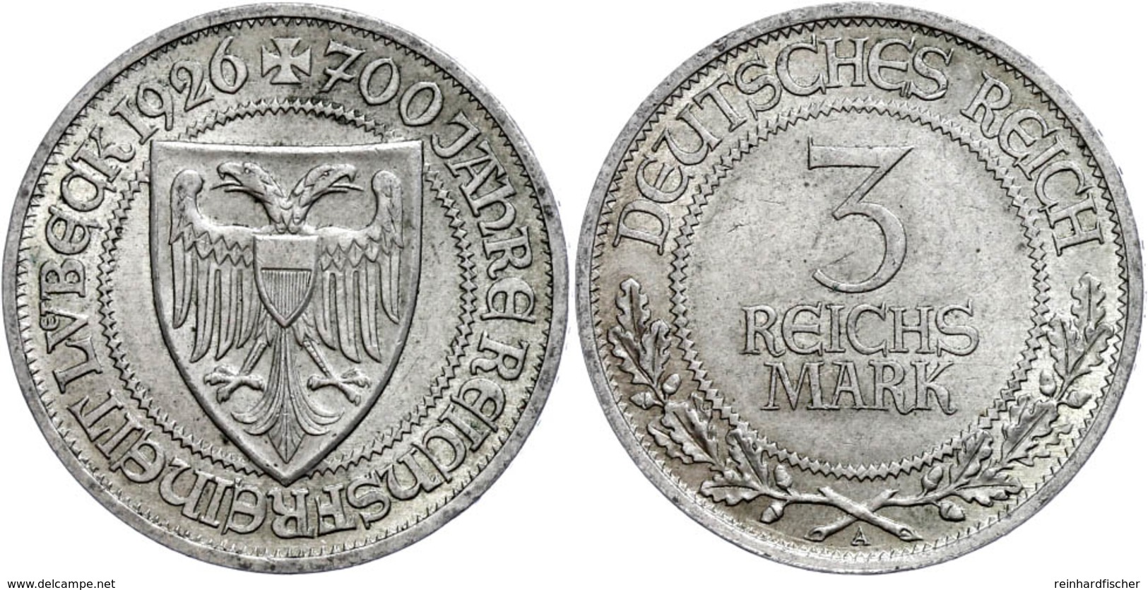 3 Reichsmark, 1926, Lübeck 700 Jahre Reichsfreiheit, Vz., Katalog: J.323 Vz - Autres & Non Classés