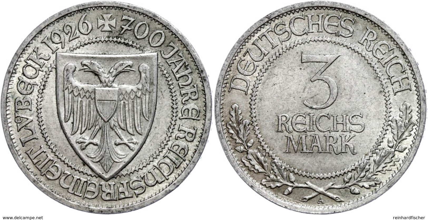 3 Reichsmark, 1926, Lübeck 700 Jahre Reichsfreiheit, Vz., Katalog: J.323 Vz - Sonstige & Ohne Zuordnung