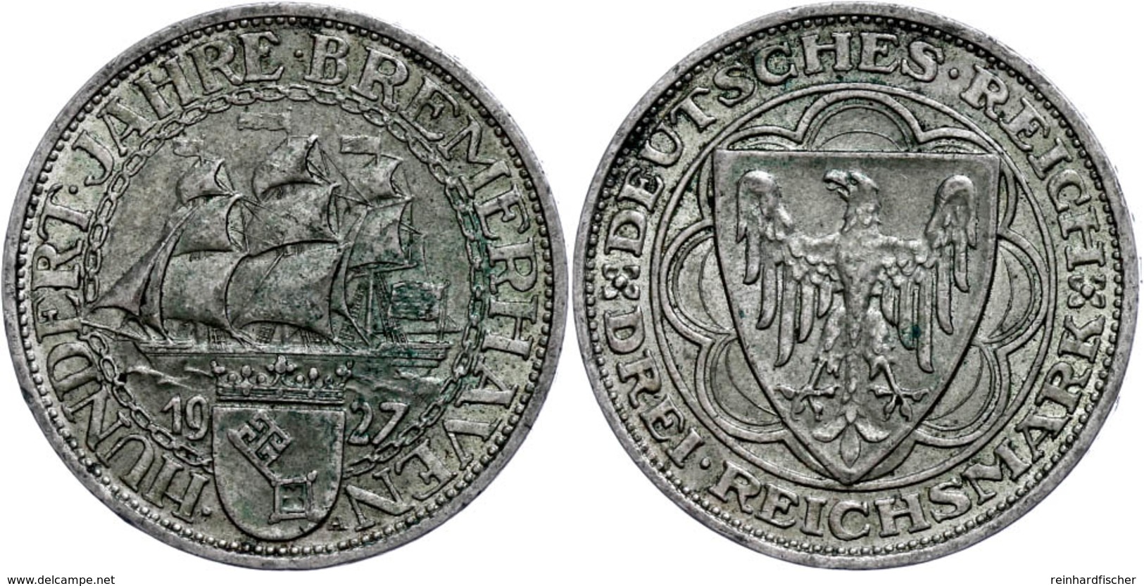 3 Reichsmark, 1927, 100-Jahrfeier Bremerhaven, Vz., Katalog: J.325 Vz - Sonstige & Ohne Zuordnung