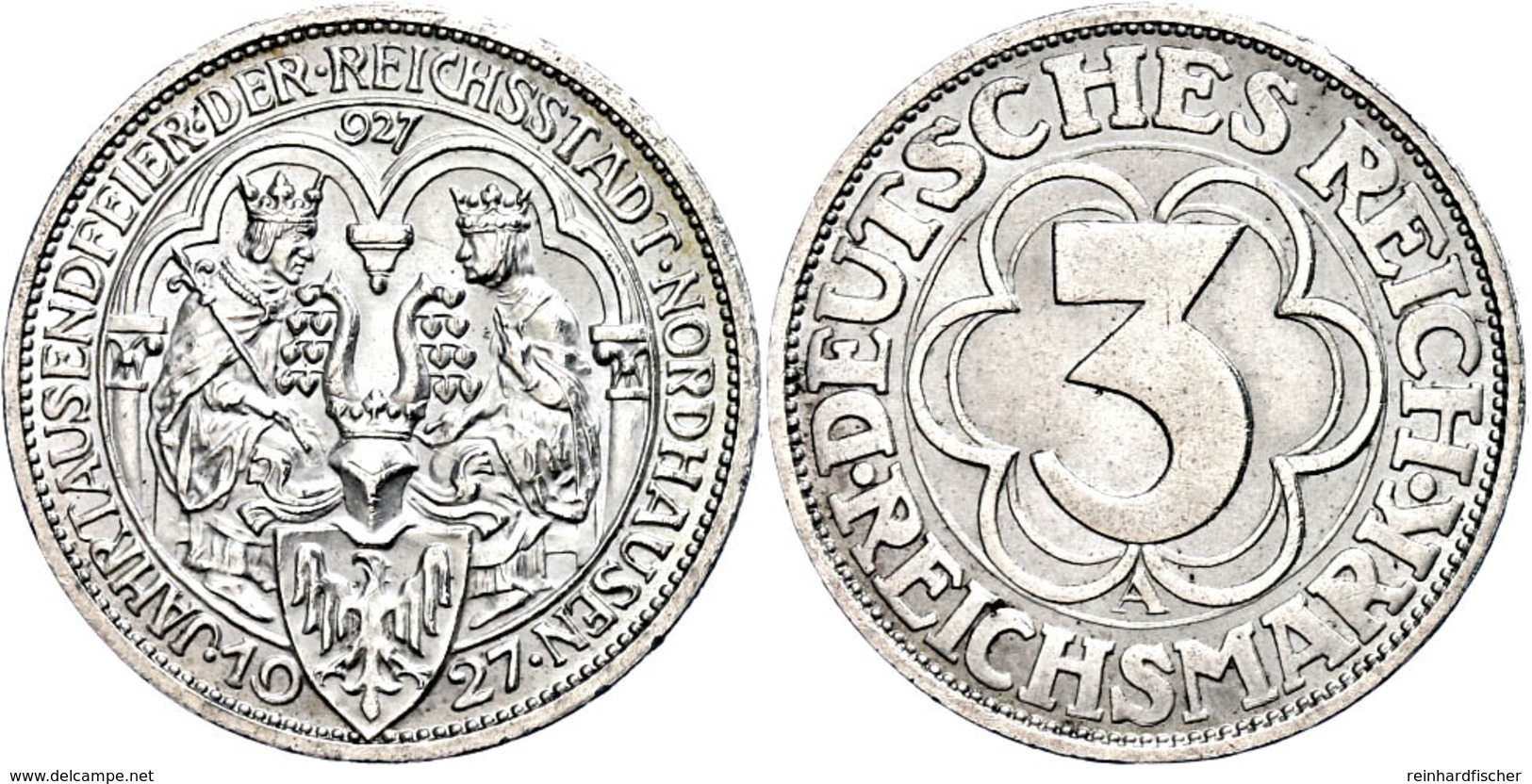 3 Reichsmark, 1927 A, Nordhausen, Wz. Rf., Vz+., Katalog: J.327 - Sonstige & Ohne Zuordnung