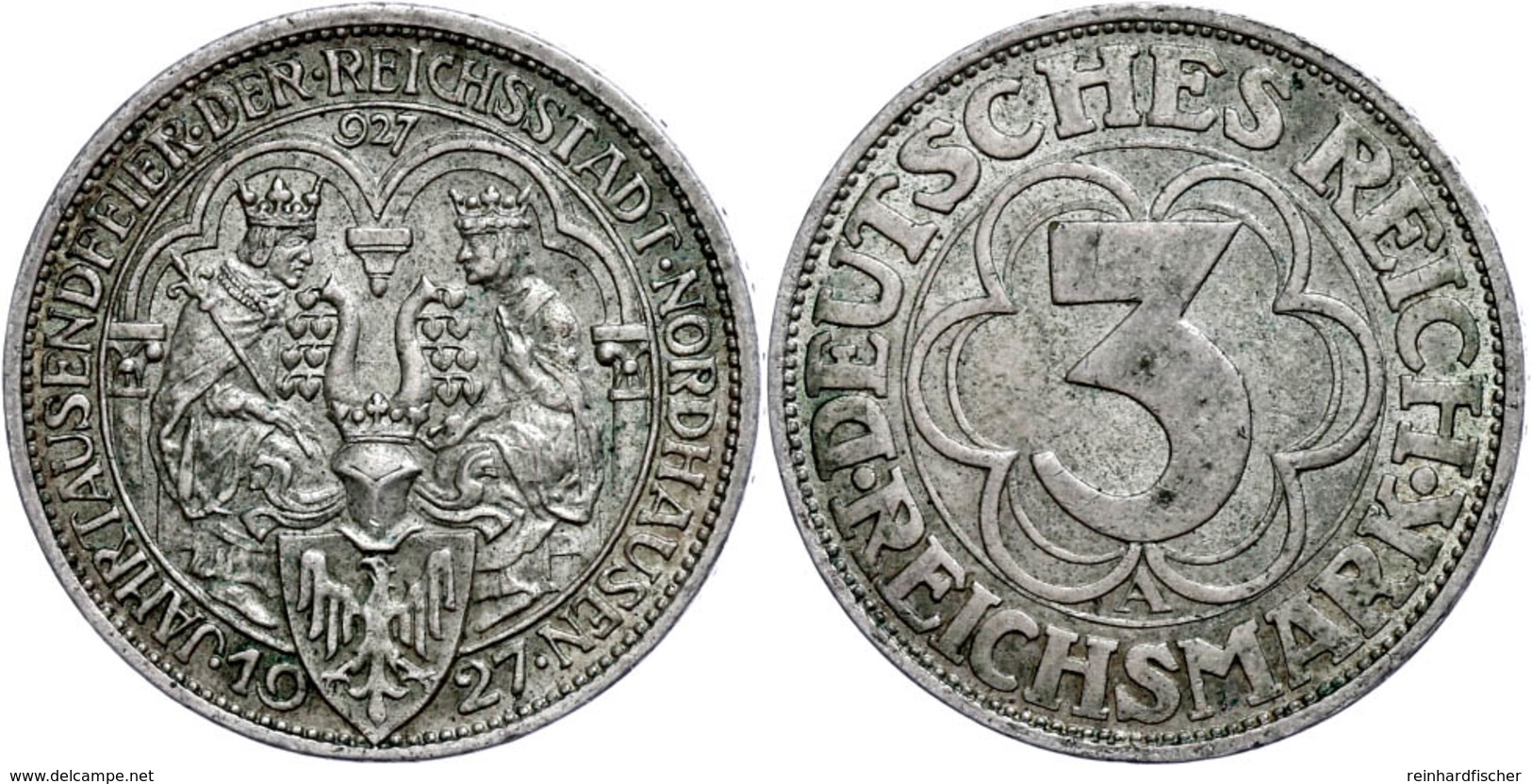 3 Reichsmark, 1927, Nordhausen 1000 Jahre Königspfalz, Vz., Katalog: J.327 Vz - Sonstige & Ohne Zuordnung