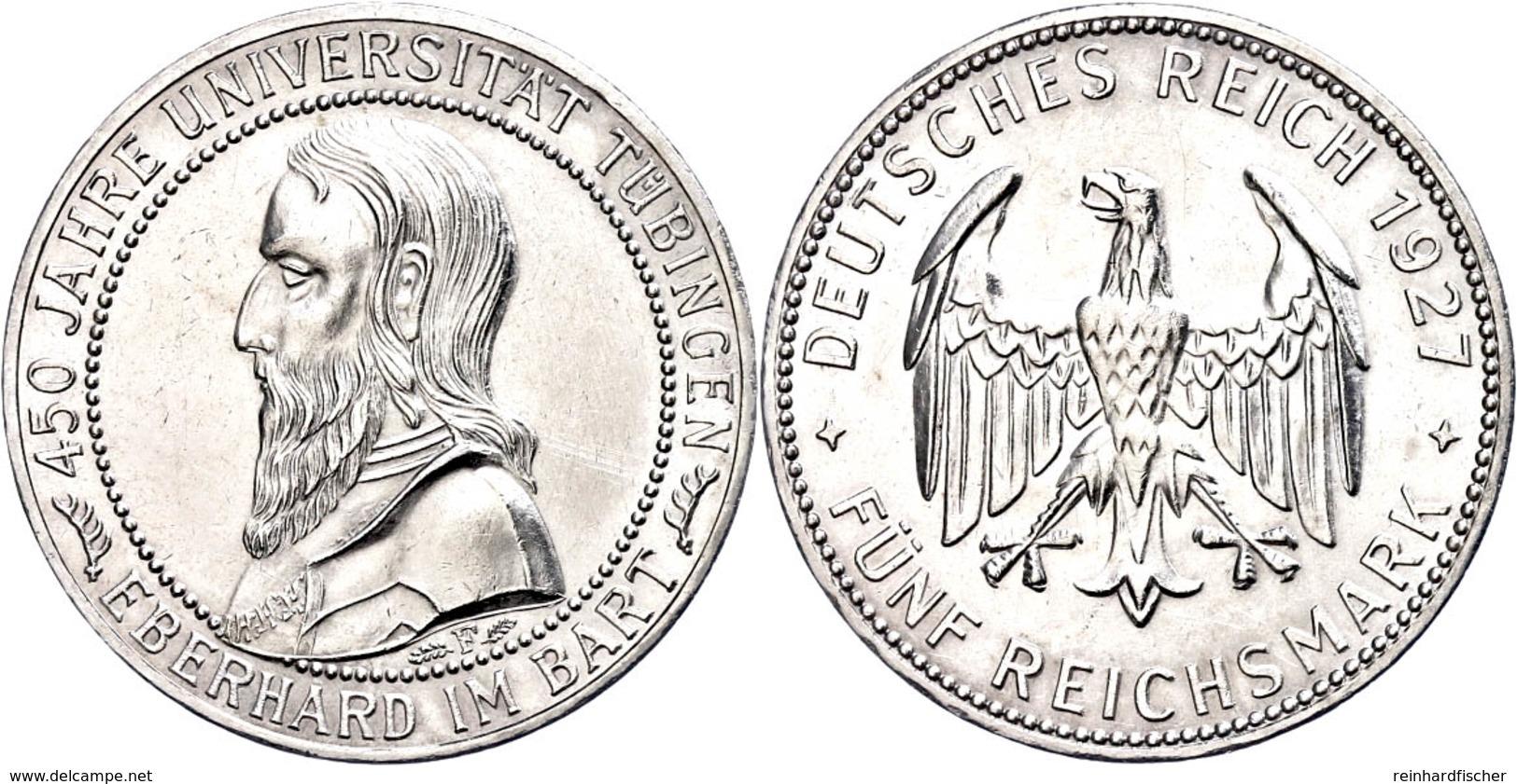 5 Reichsmark, 1927, Universität Tübingen, Kl. Rf., Min. Berieben, Vz., Katalog: J.329 Vz - Sonstige & Ohne Zuordnung