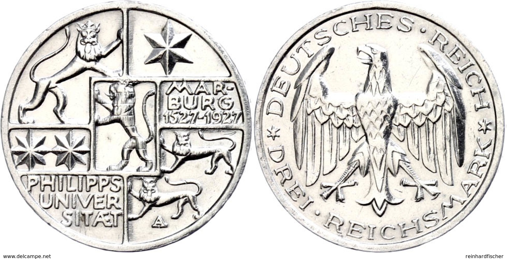 3 Reichsmark, 1927, Marburg, Poliert, Kl. Rf., Vz., Katalog: J.330 Vz - Autres & Non Classés