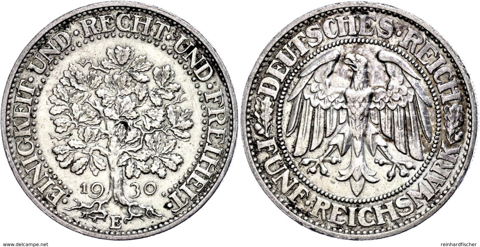 5 Reichsmark, 1930, E, Eichbaum, Randfehler, Ss+. Selten!, Katalog: J.331 Ss-vz - Other & Unclassified