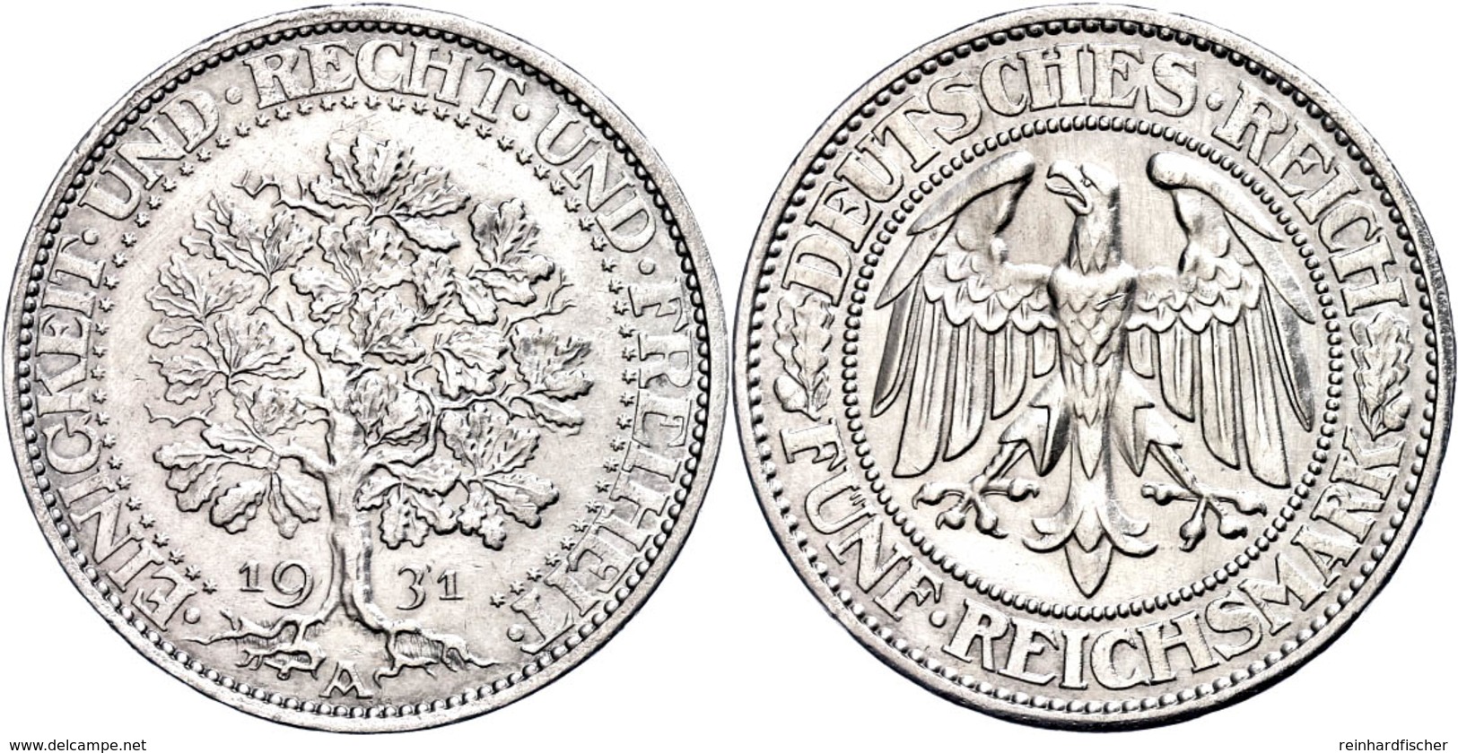 5 Reichsmark, 1931, A, Eichbaum, Grünspan, Kl. Rf., Leicht Berieben, Vz., Katalog: J.331 Vz - Altri & Non Classificati