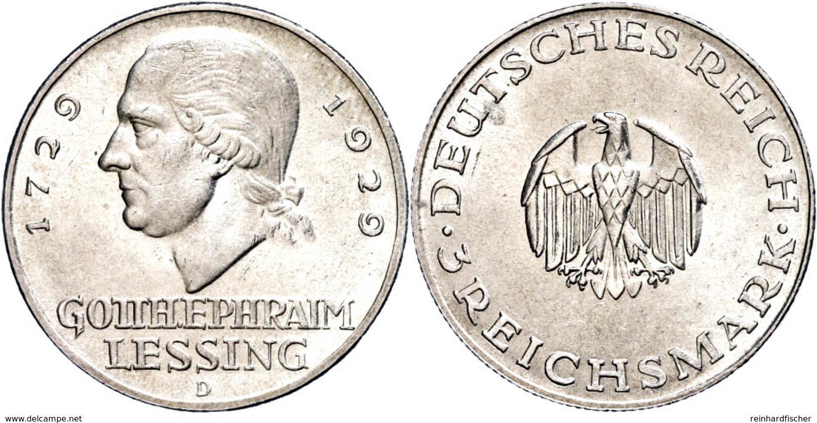 3 Reichsmark, 1929, D, Lessing, Kl. Kr., Vz-st., Katalog: J.335 Vz-st - Autres & Non Classés