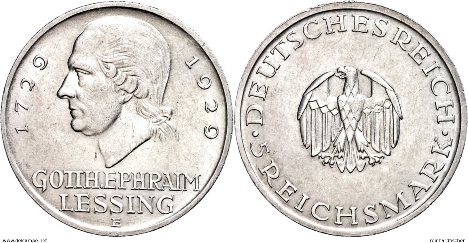 5 Reichsmark, 1929, E, Lessing, Kl. Kr. Und Rf., Vz., Katalog: J.336 Vz - Sonstige & Ohne Zuordnung