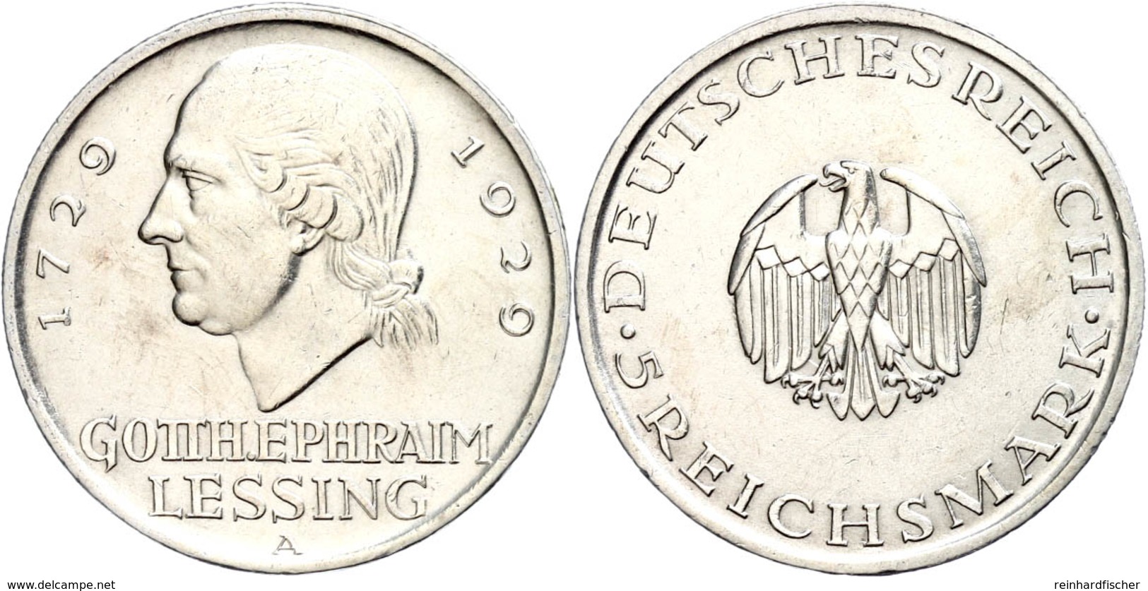 5 Reichsmark, 1929, Gotthold Ephraim Lessing, Mzz A, Vz., Katalog: J.336 Vz - Other & Unclassified