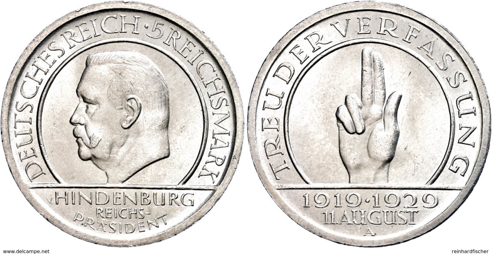 5 Reichsmark, 1929, A, Schwurhand, Wz. Rf., Vz., Katalog: J.341 Vz - Other & Unclassified