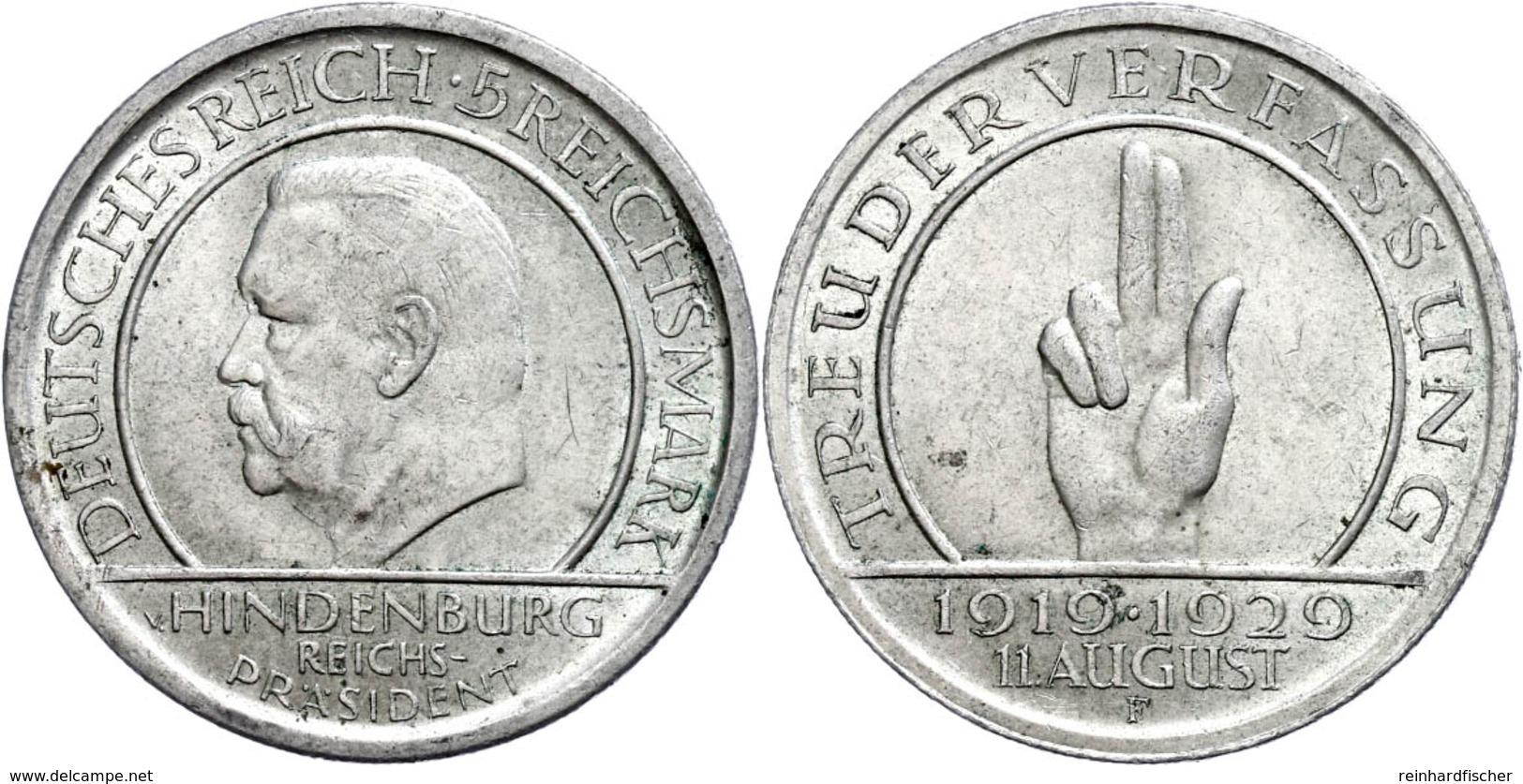 5 Reichsmark, 1929, Schwurhand, Mzz F, Vz., Katalog: J.341 Vz - Sonstige & Ohne Zuordnung