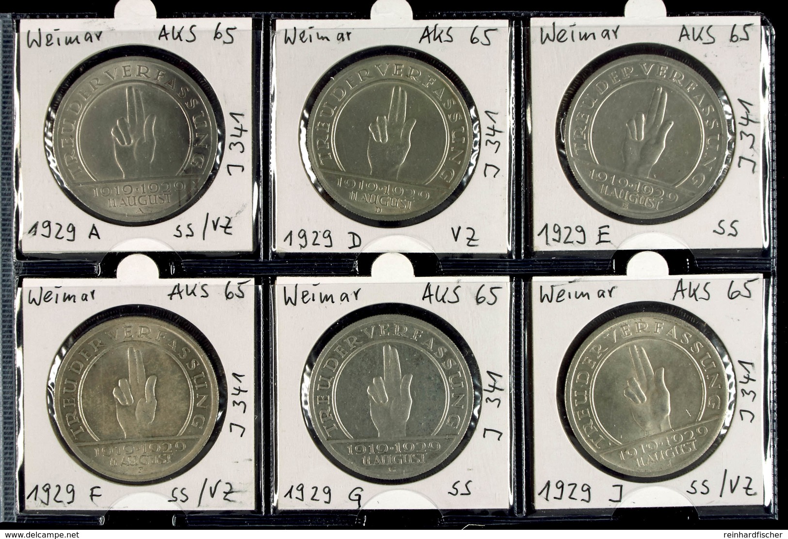 6 X 5 Reichsmark, 1929, Schwurhand, A, D, E, F, G Und J, Erhaltungen Jeweils Um Vz., Katalog: J.341 - Autres & Non Classés